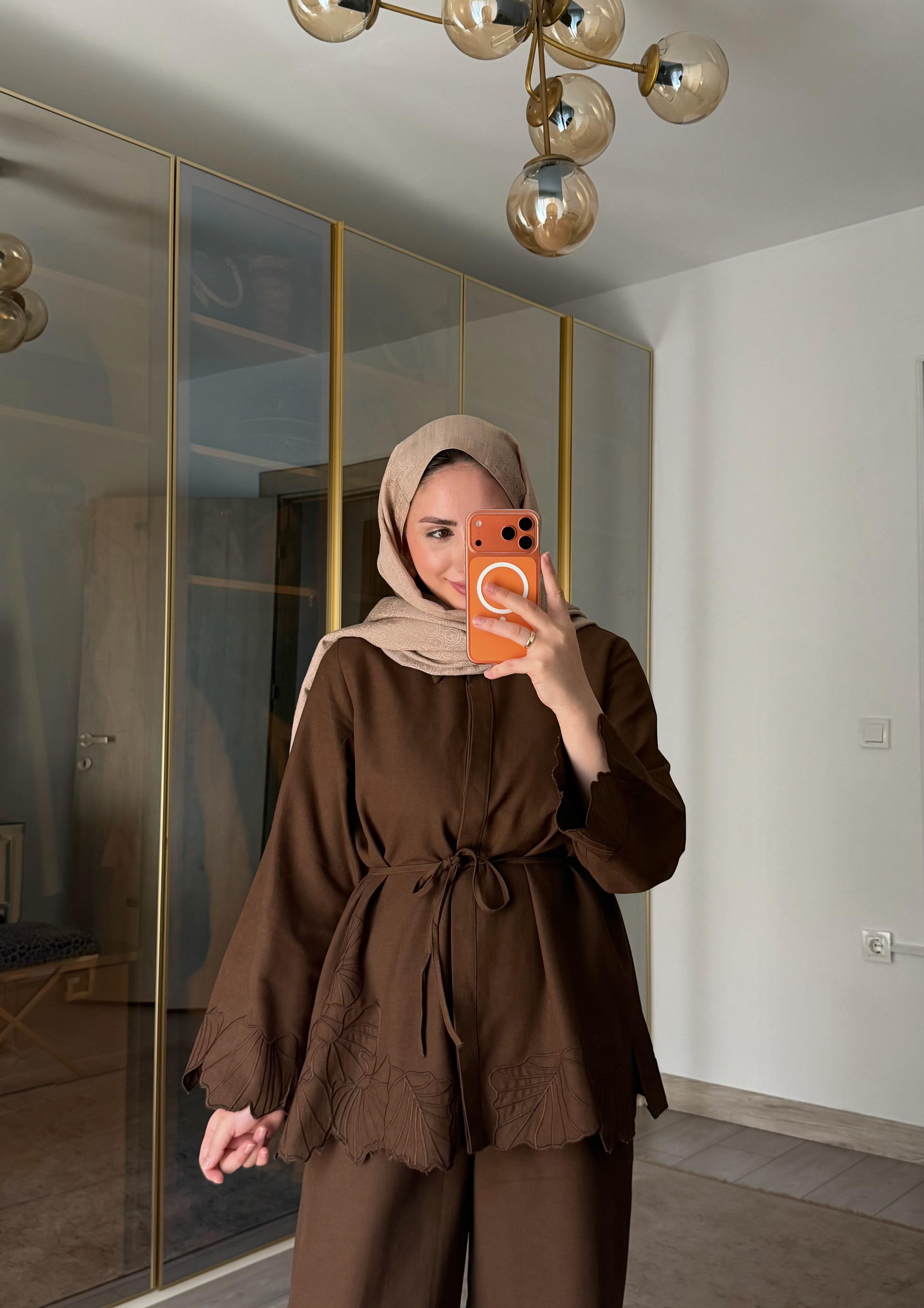 DORA NAKIŞ DETAYLI İKİLİ TAKIM KAHVE