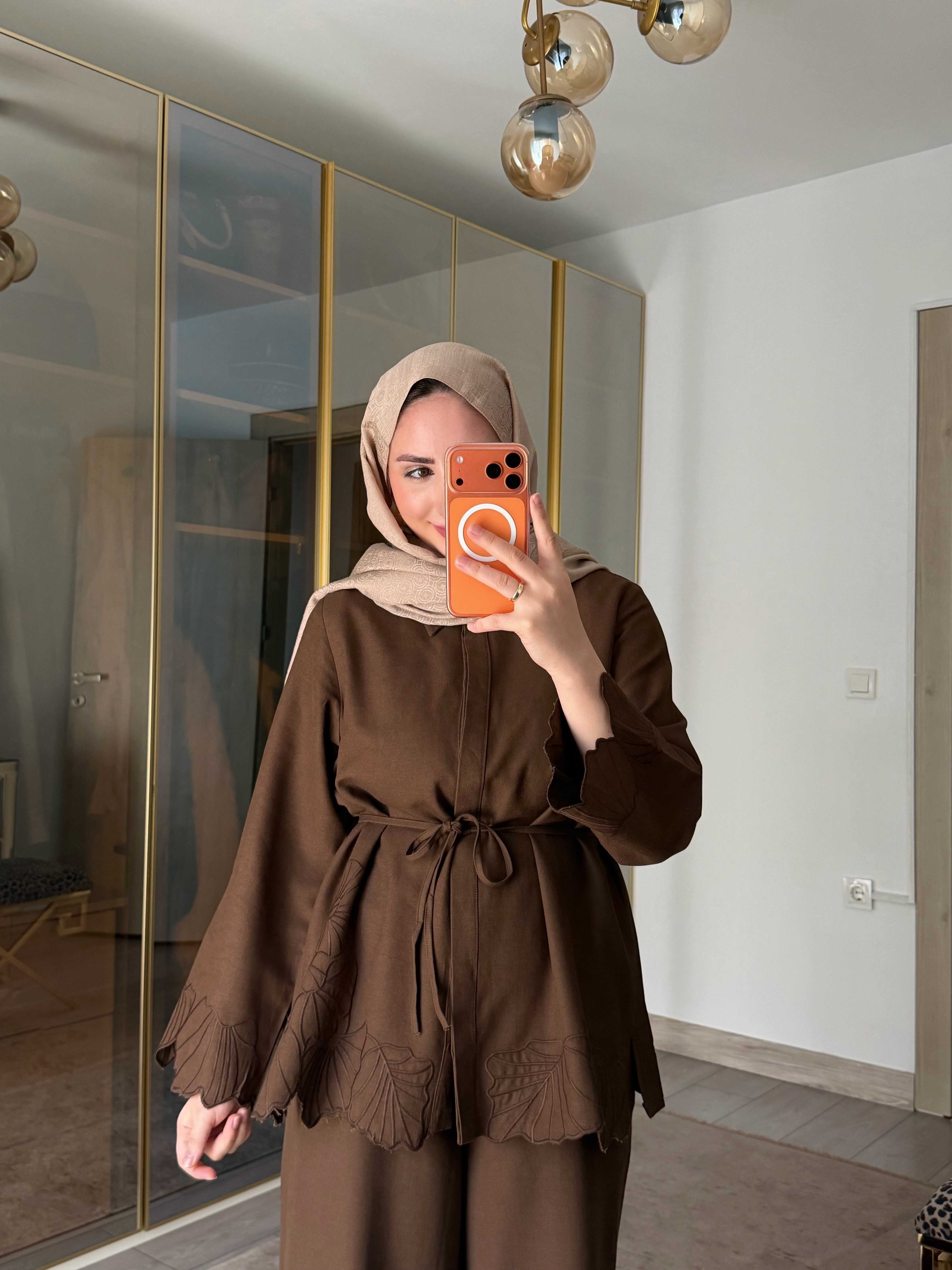 DORA NAKIŞ DETAYLI İKİLİ TAKIM KAHVE