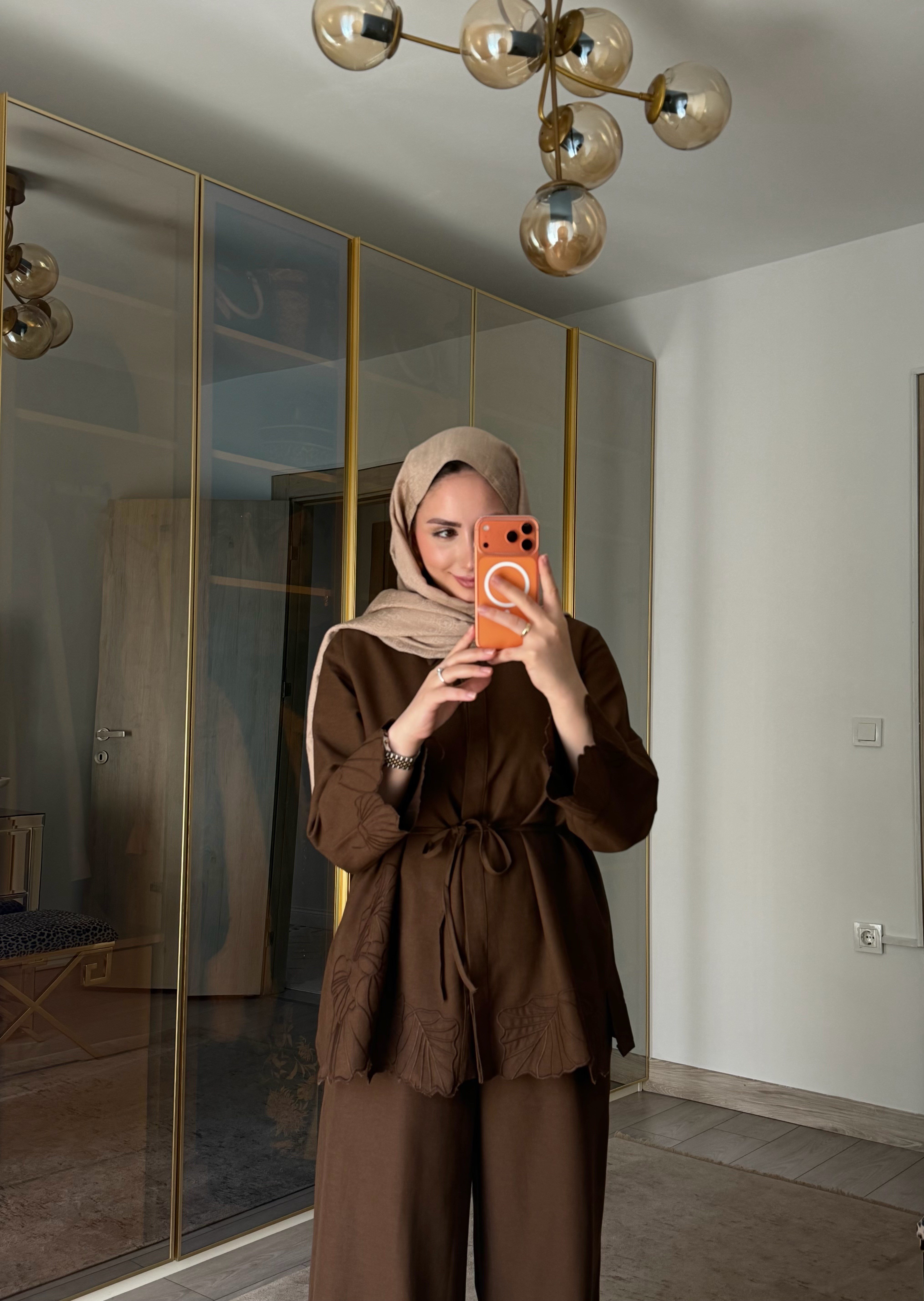 DORA NAKIŞ DETAYLI İKİLİ TAKIM KAHVE