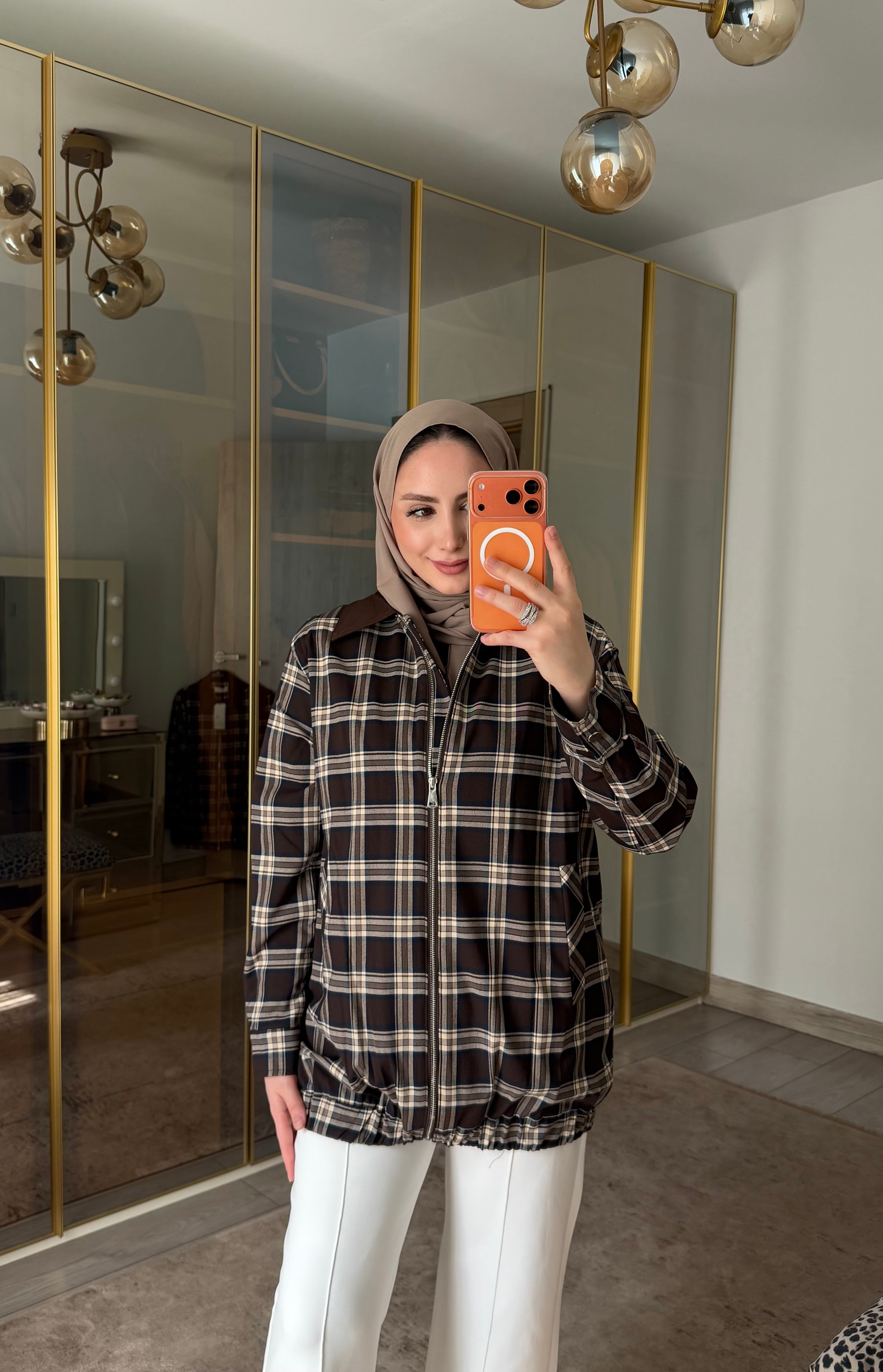 EKOSE DESENLİ BOMBER CEKET LACİ ÇİZGİLİ KAHVE