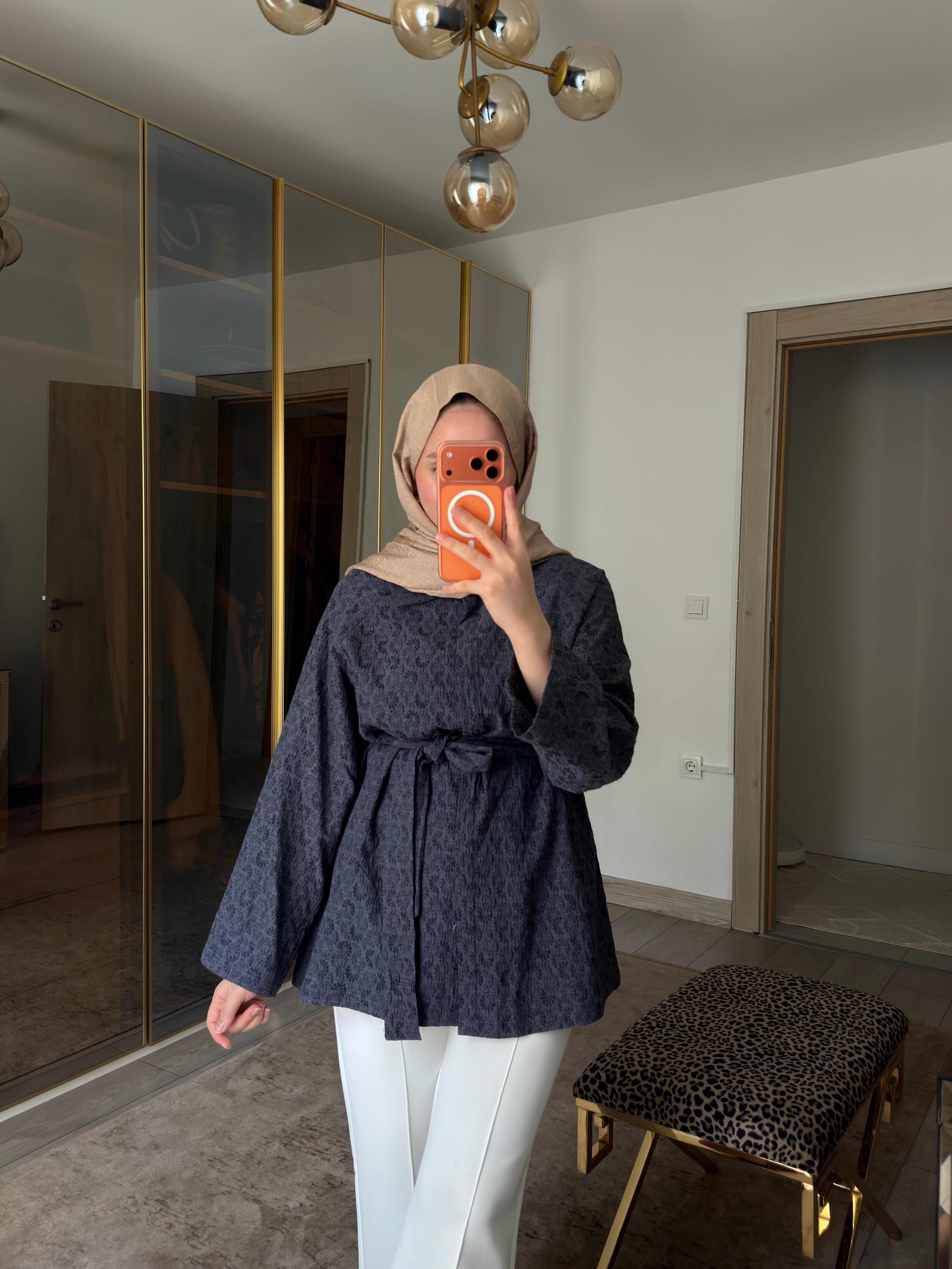 FLORA Gofre Dokulu Kuşaklı Ceket Lacivert 