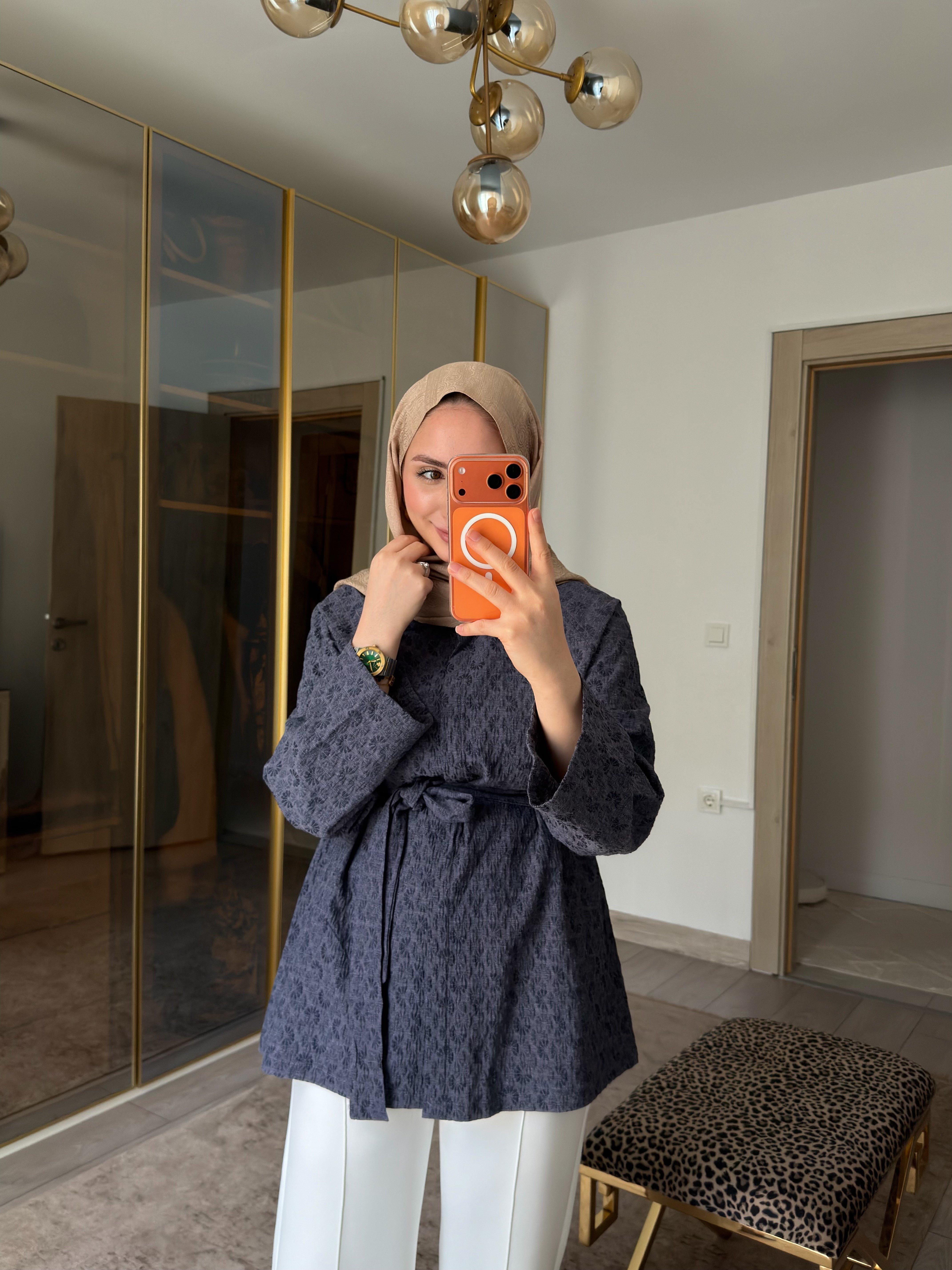 FLORA Gofre Dokulu Kuşaklı Ceket Lacivert 