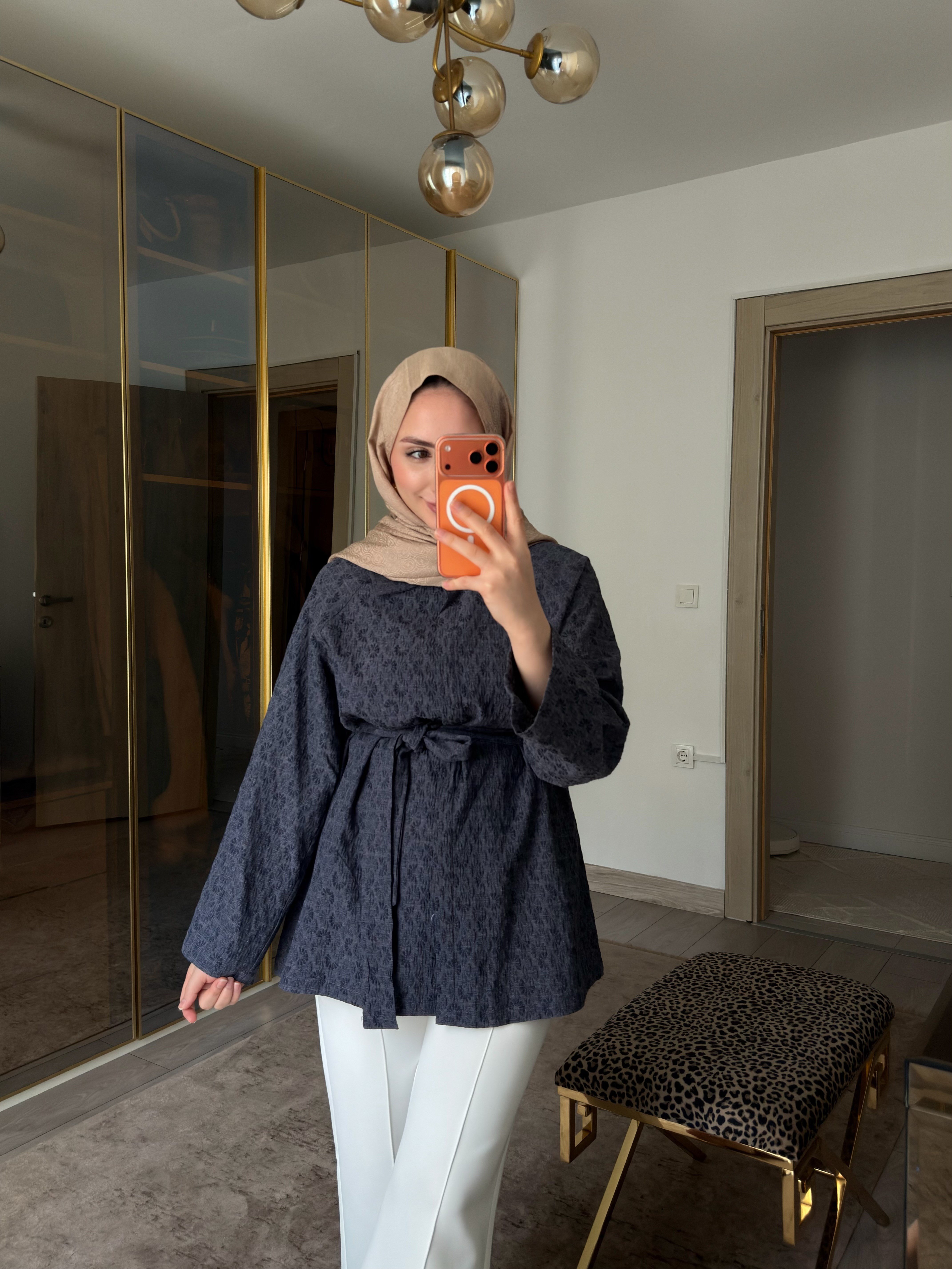 FLORA Gofre Dokulu Kuşaklı Ceket Lacivert 