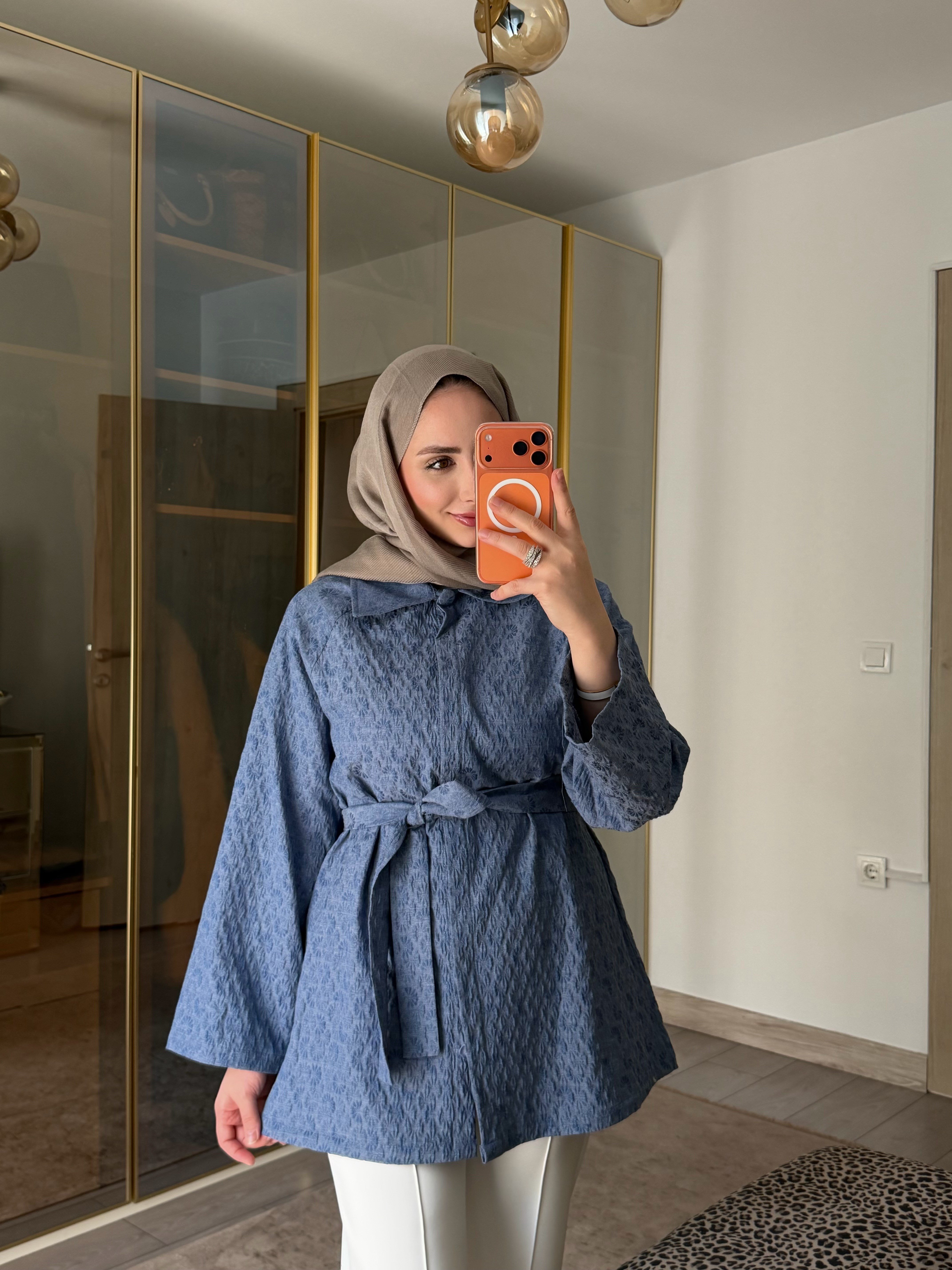 FLORA Gofre Dokulu Kuşaklı Ceket Mavi 