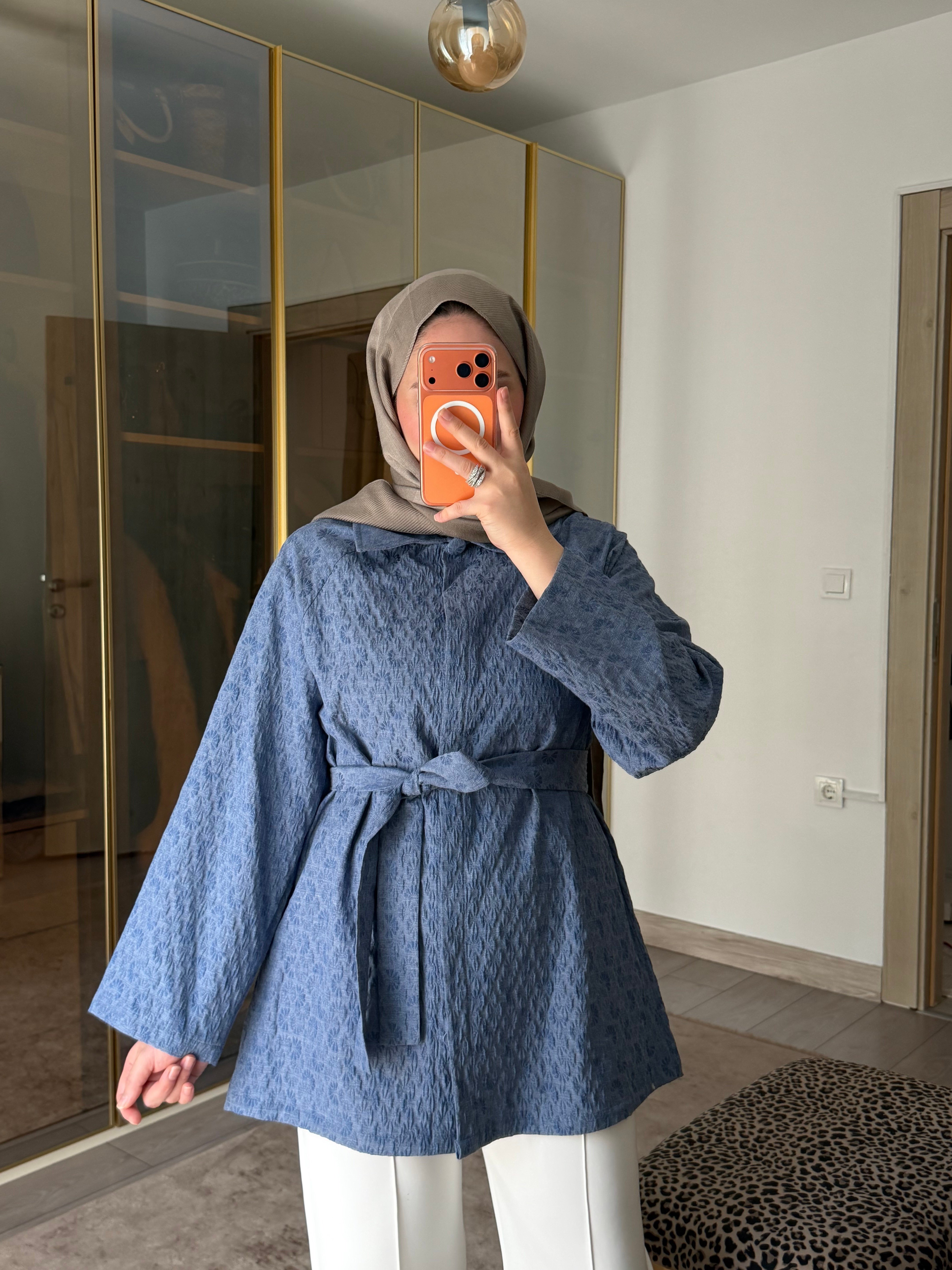FLORA Gofre Dokulu Kuşaklı Ceket Mavi 