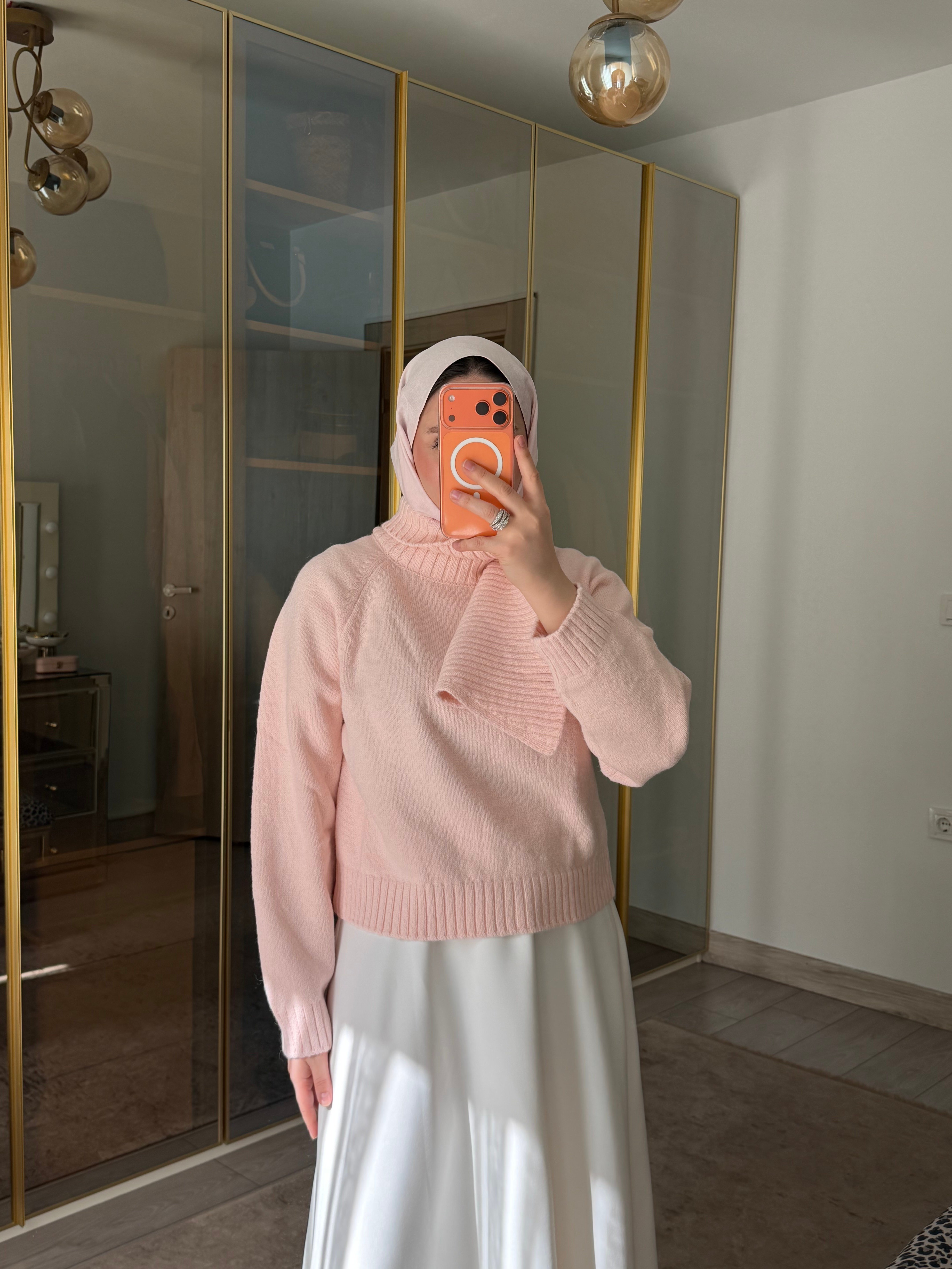 FULAR YAKA TRİKO KAZAK TOZ PEMBE