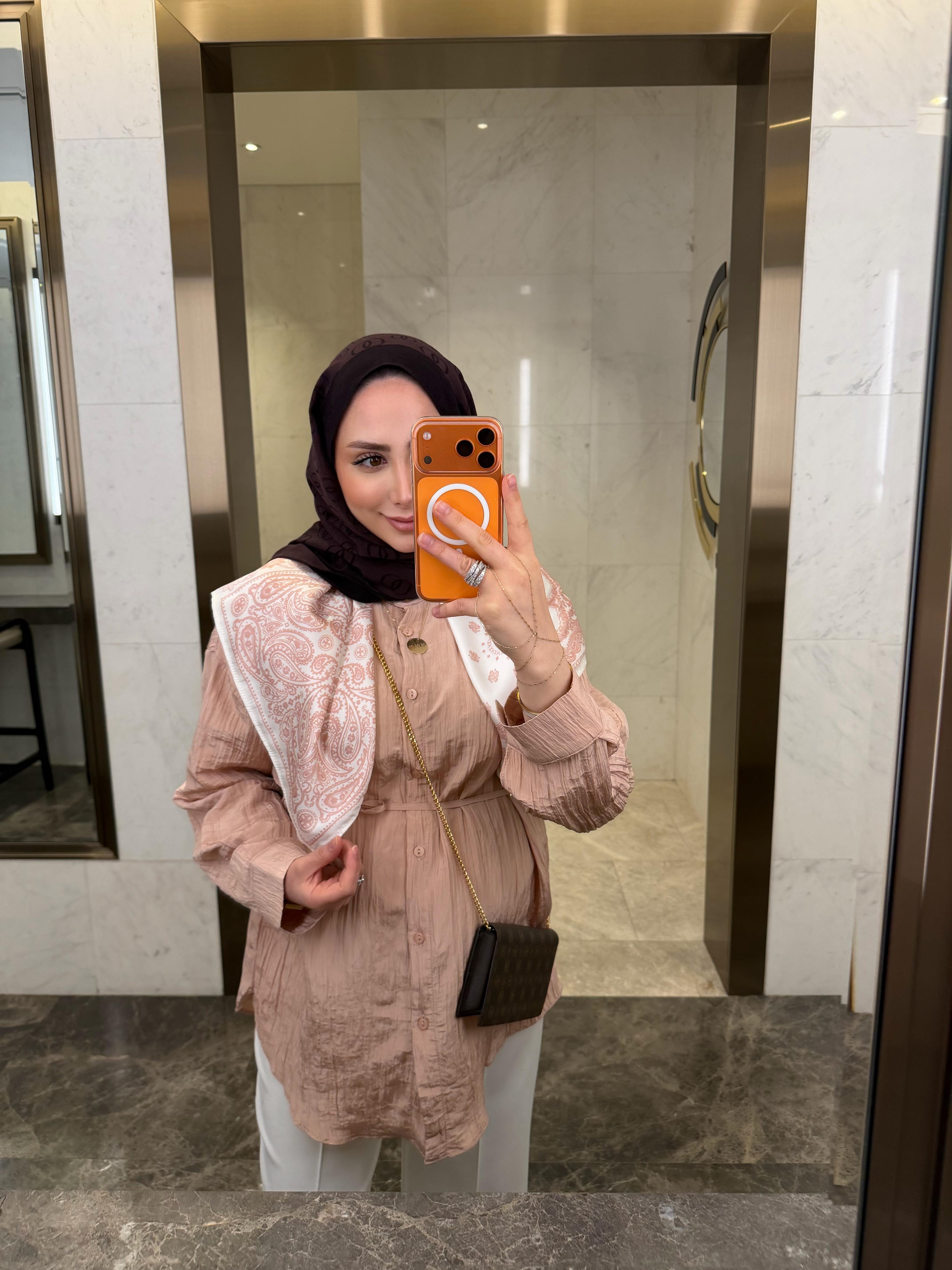 FULARLI KRİNKIL GÖMLEK PUDRA PEMBE