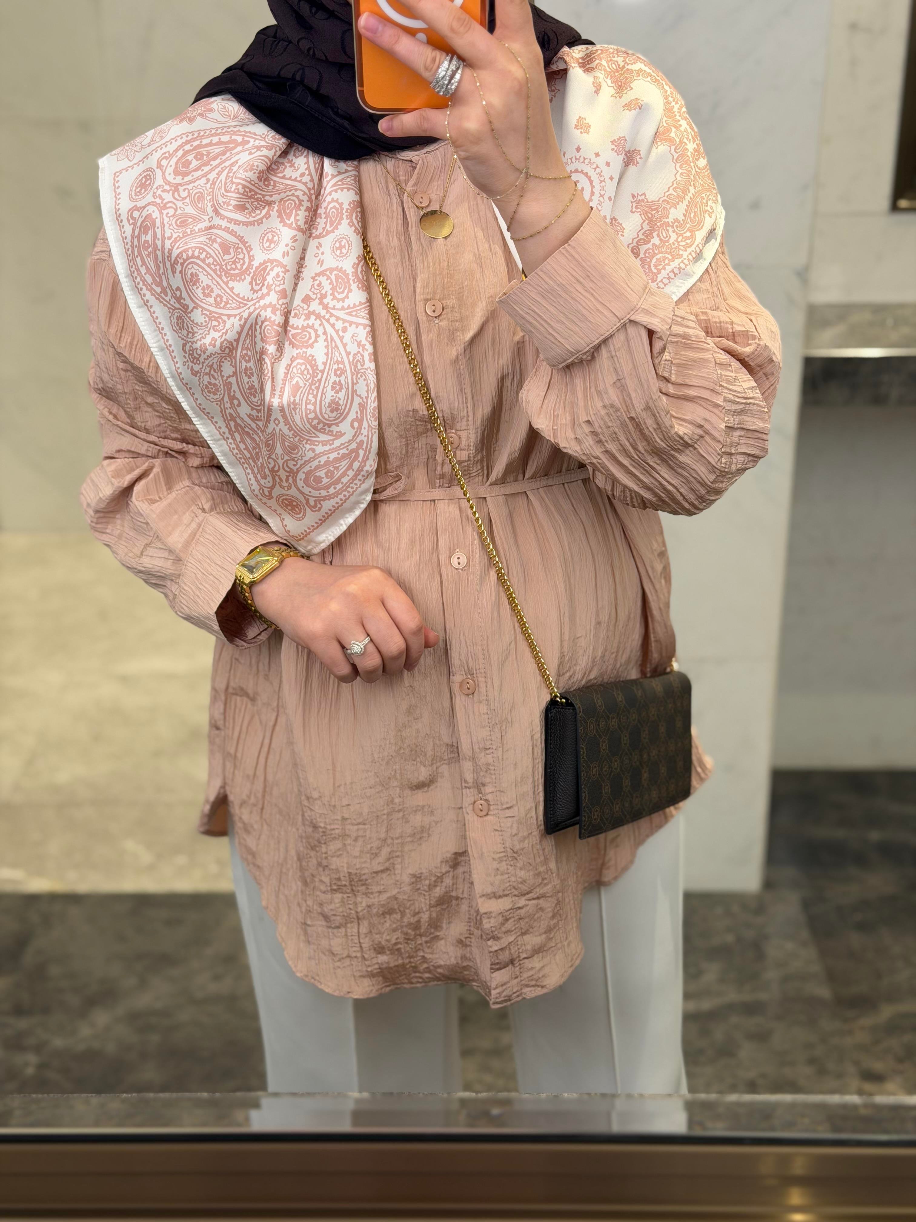 FULARLI KRİNKIL GÖMLEK PUDRA PEMBE