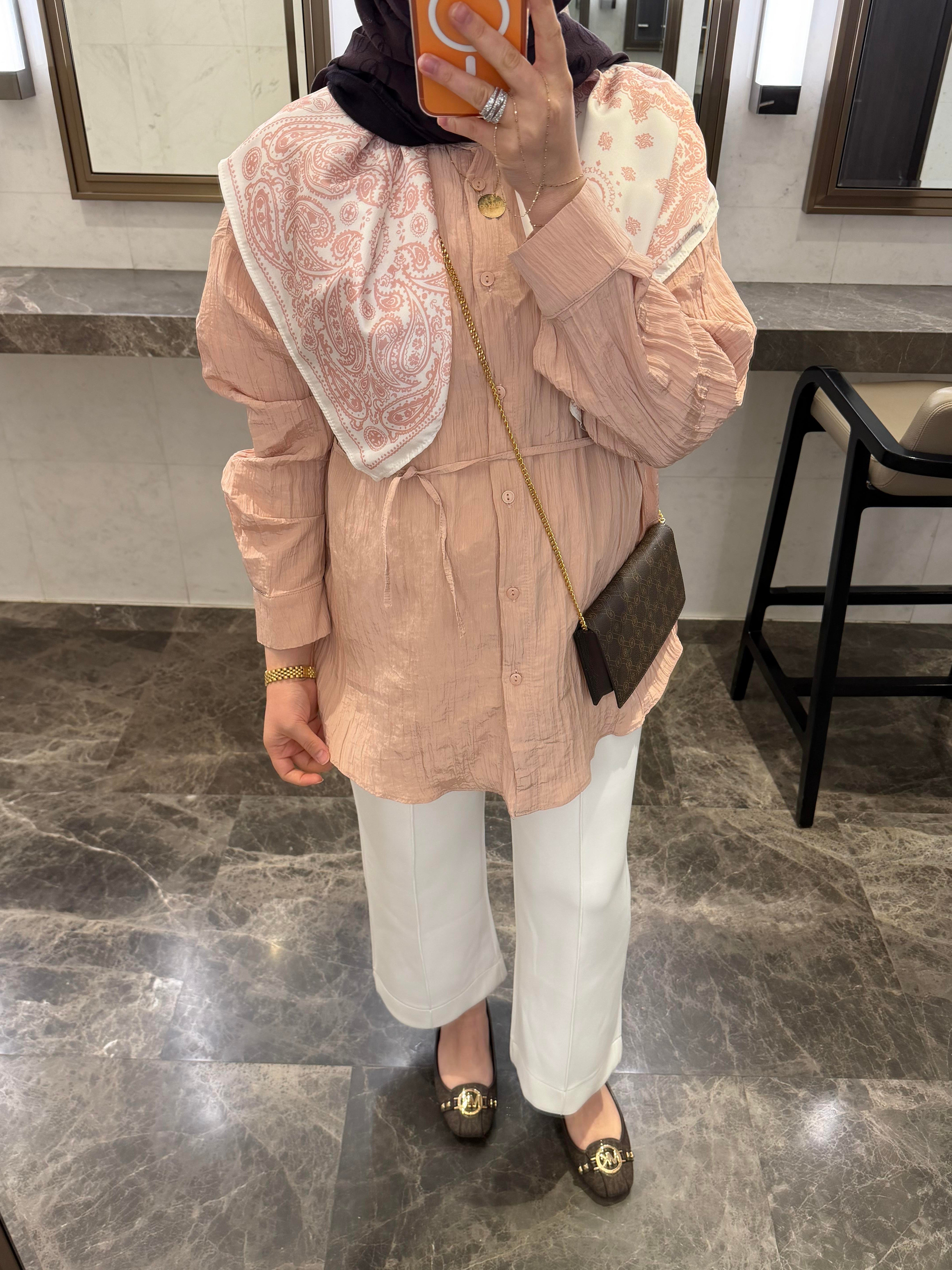 FULARLI KRİNKIL GÖMLEK PUDRA PEMBE