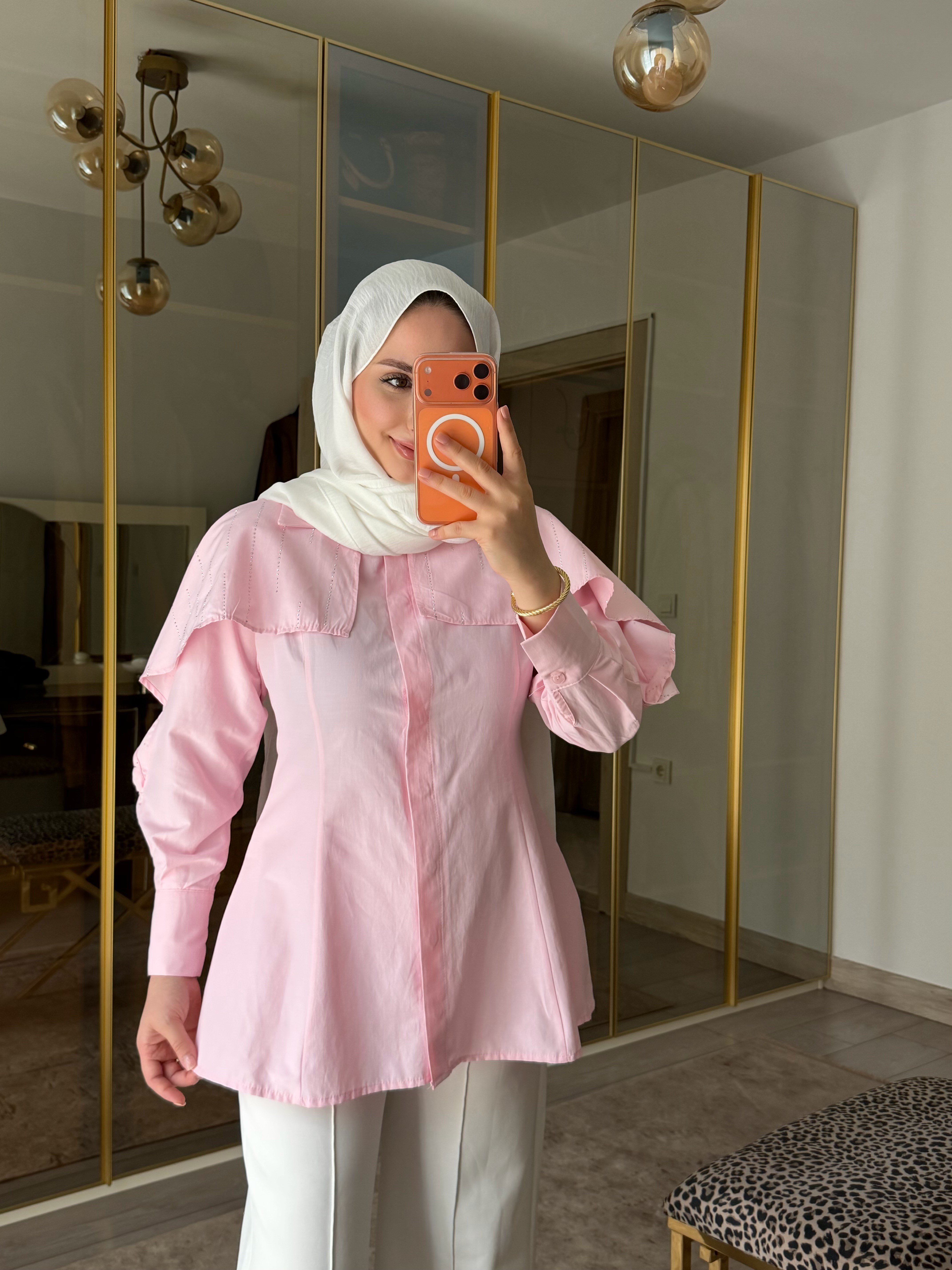 İNNA BEL VURGULU YAKASI TAŞLI GÖMLEK PEMBE 