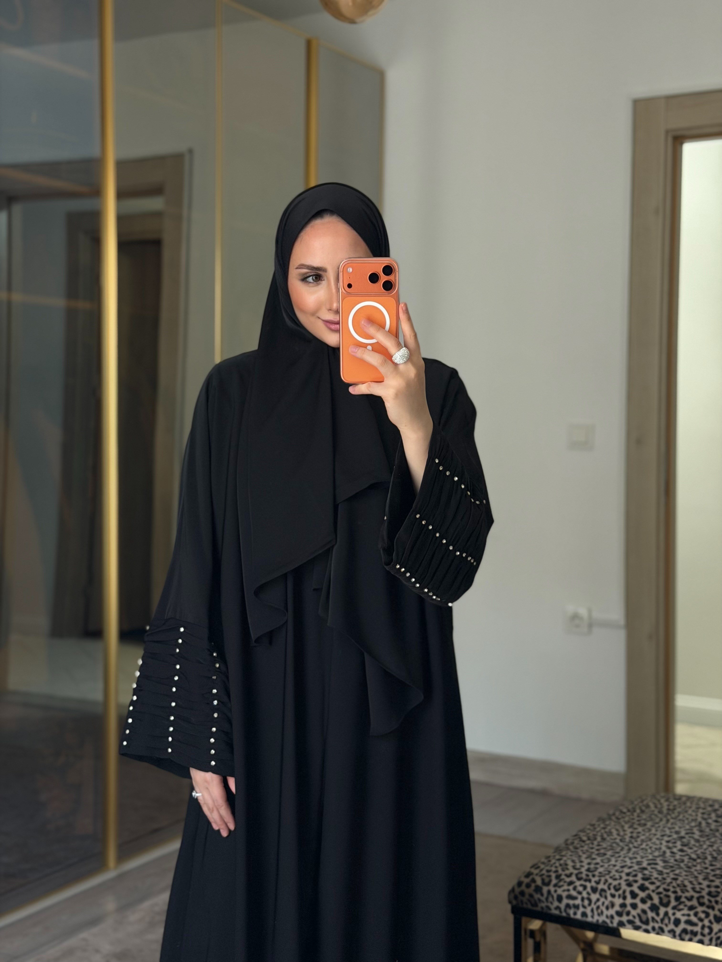 KOLLARI TAŞ BÜZGÜ DETAYLI ABAYA ŞAL SET 