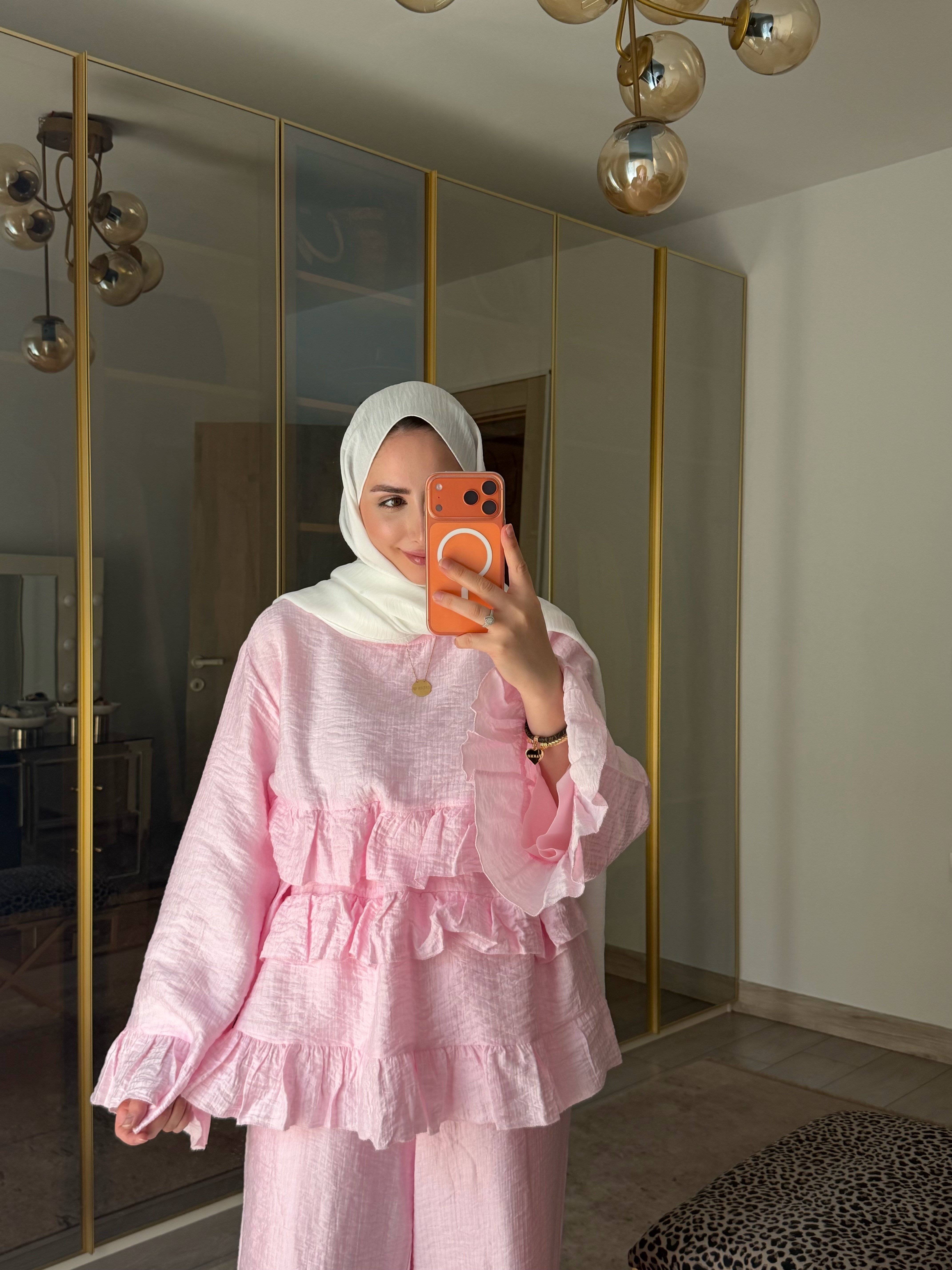 LARA VOLAN DETAYLI TAKIM ŞEKER PEMBE