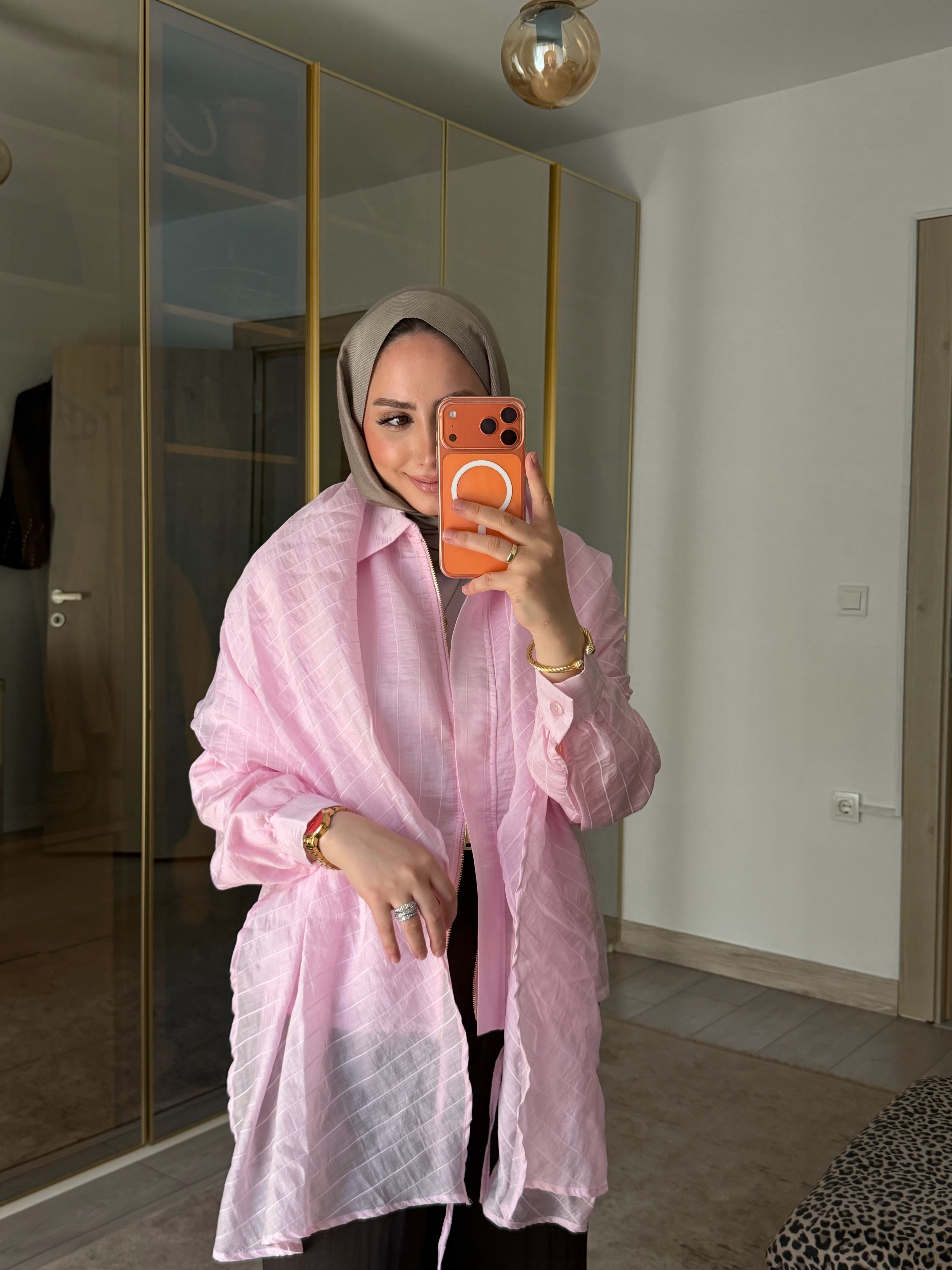 LONG OMUZ ŞALLI TASARIM CEKET PEMBE