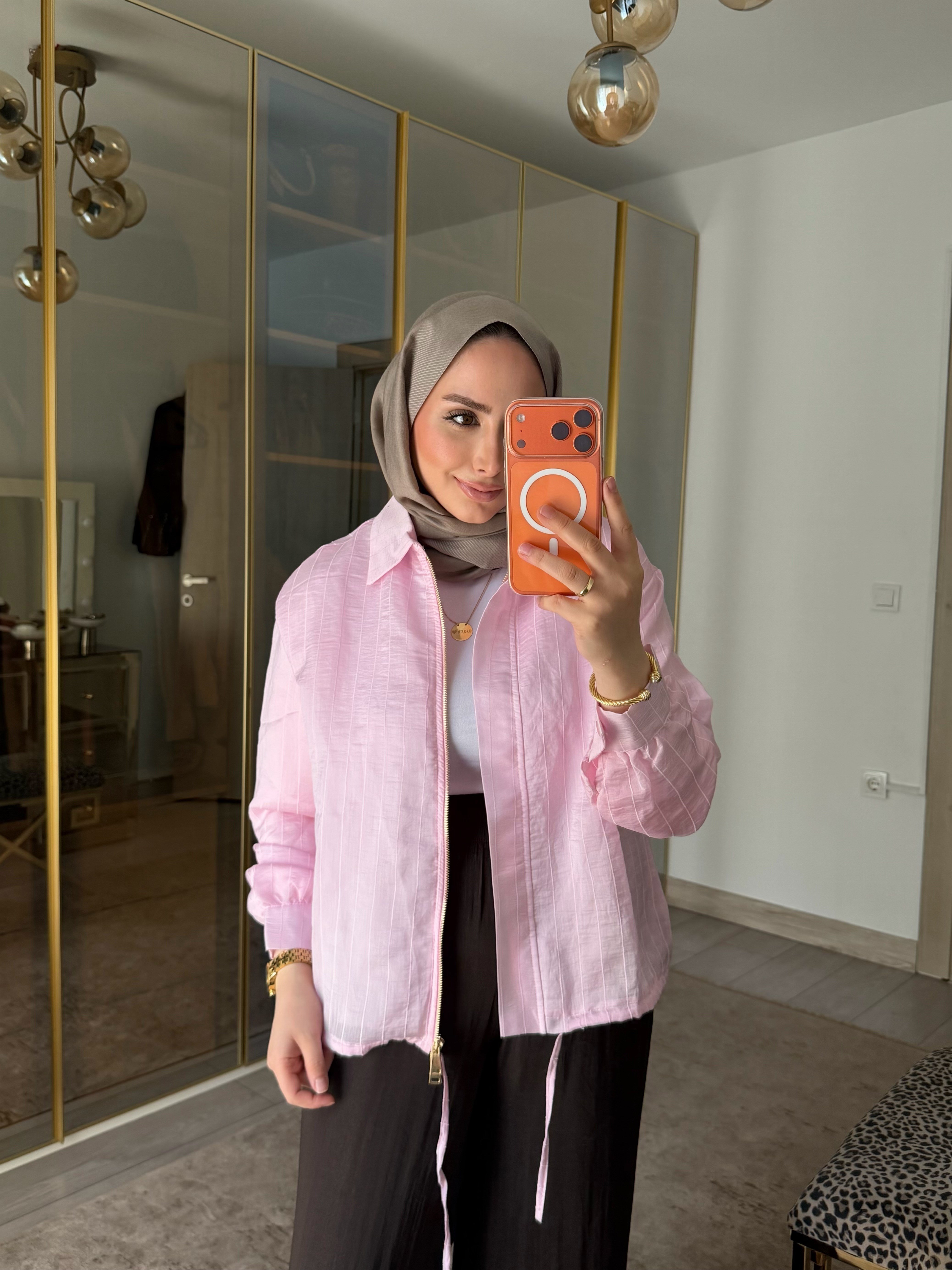 LONG OMUZ ŞALLI TASARIM CEKET PEMBE