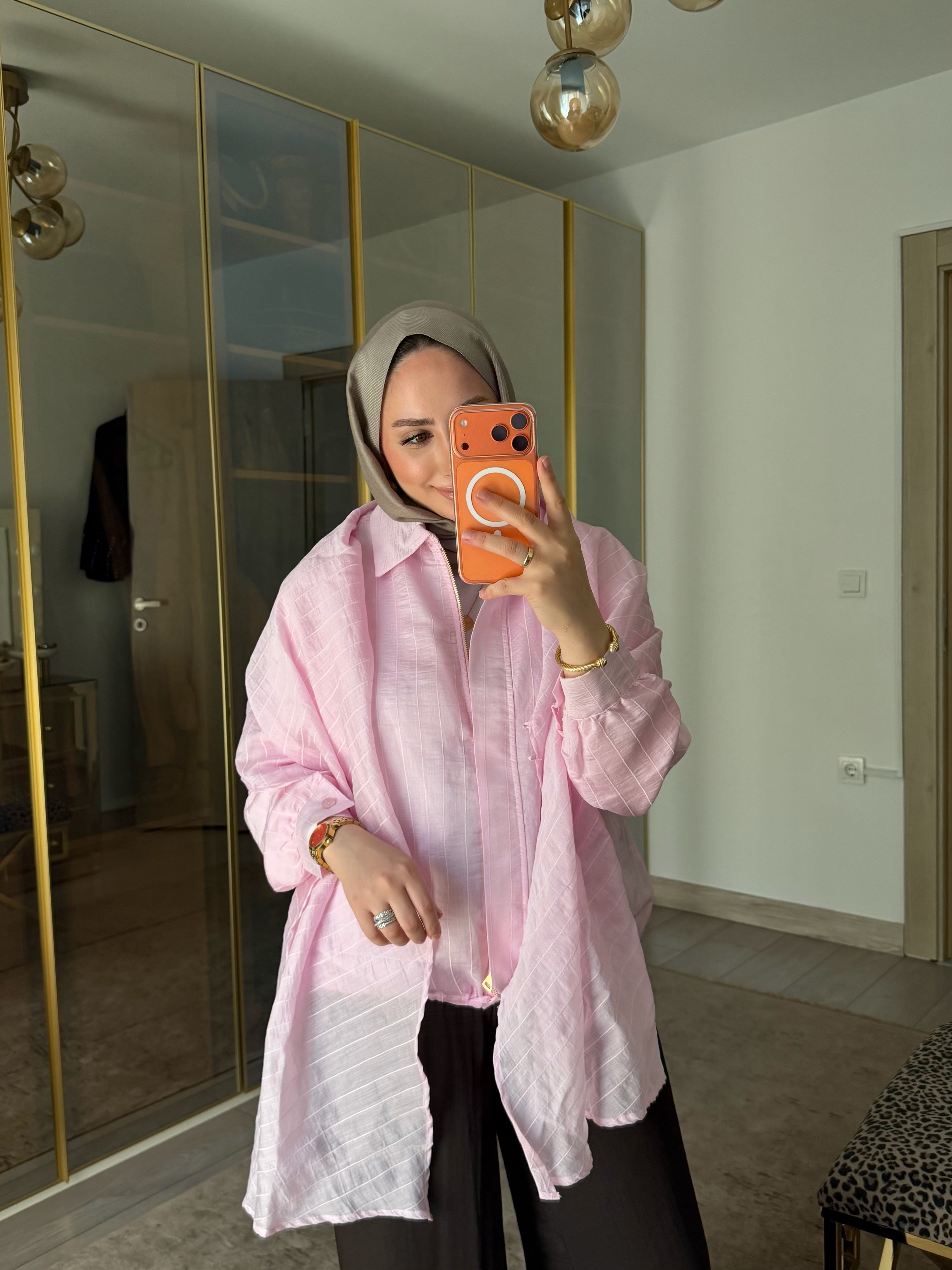 LONG OMUZ ŞALLI TASARIM CEKET PEMBE