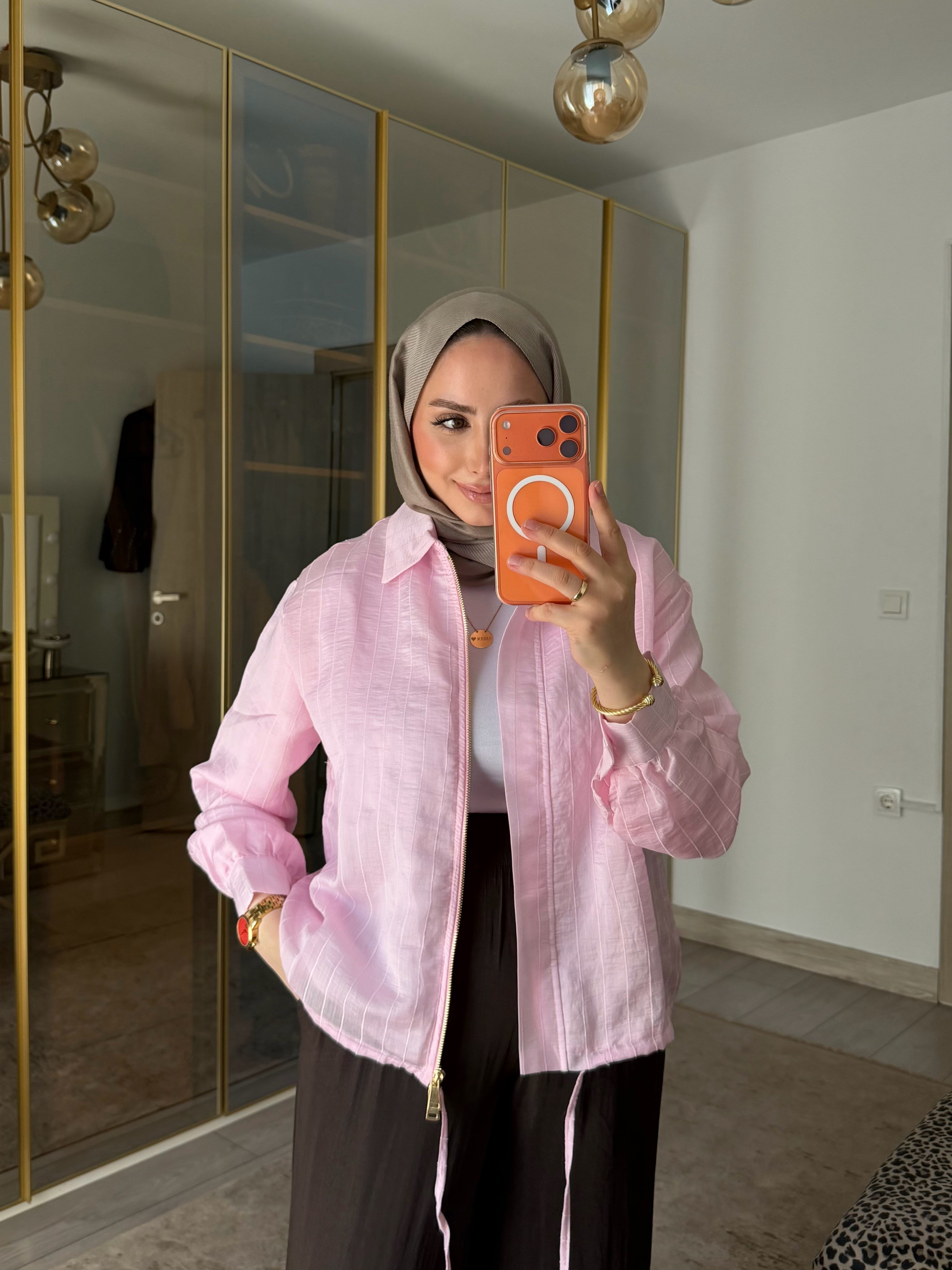 LONG OMUZ ŞALLI TASARIM CEKET PEMBE