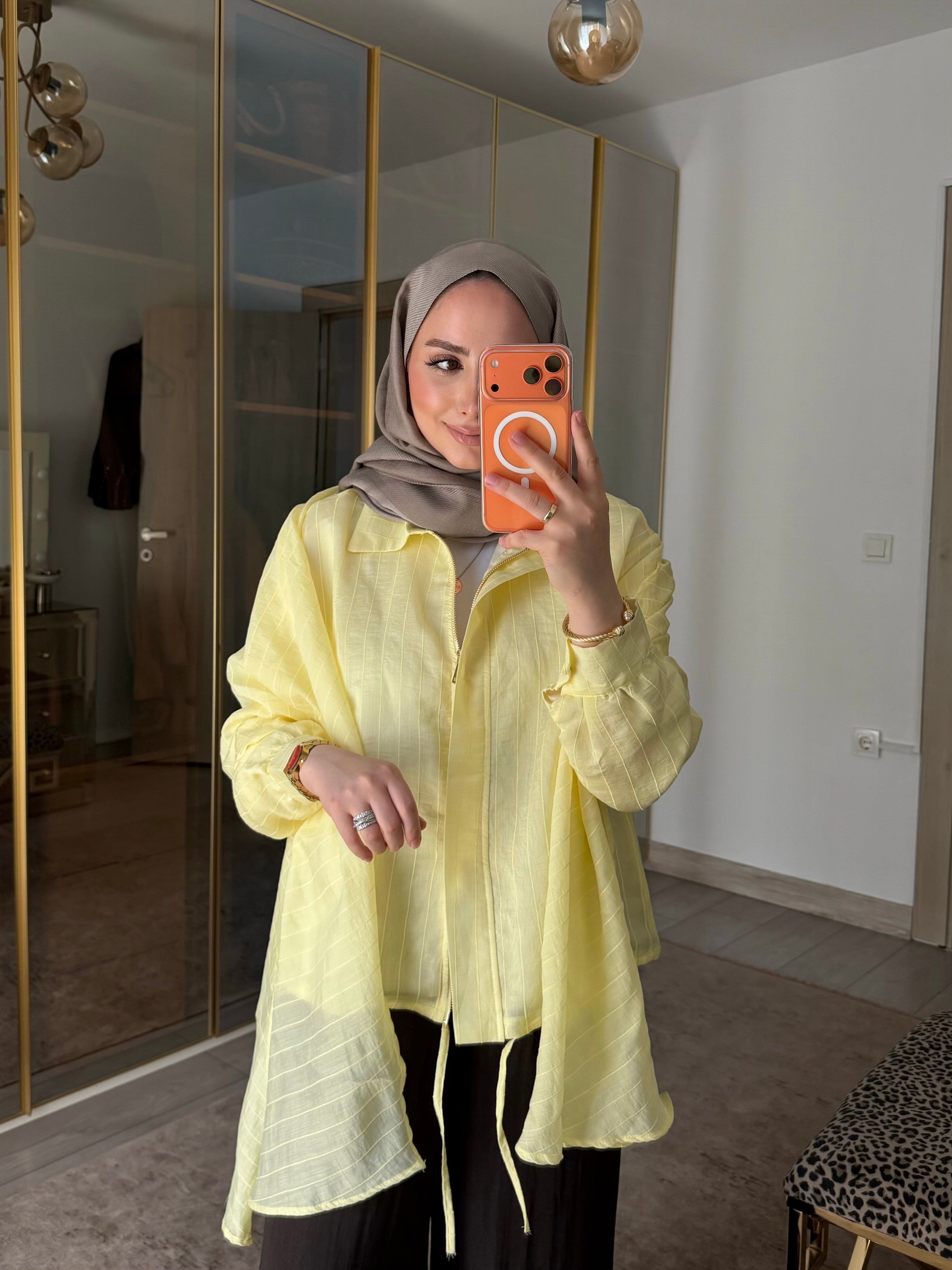LONG OMUZ ŞALLI TASARIM CEKET SARI