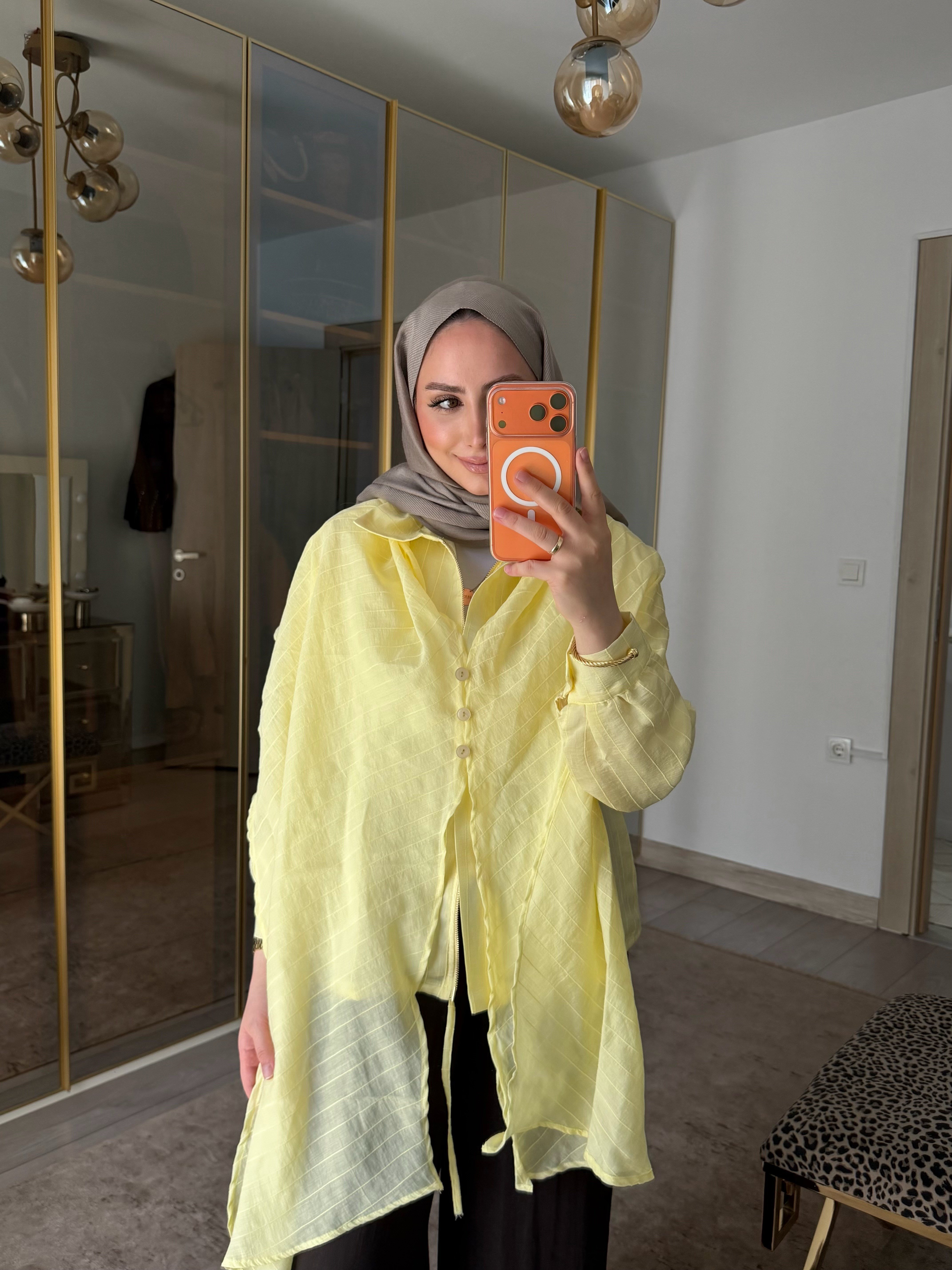 LONG OMUZ ŞALLI TASARIM CEKET SARI