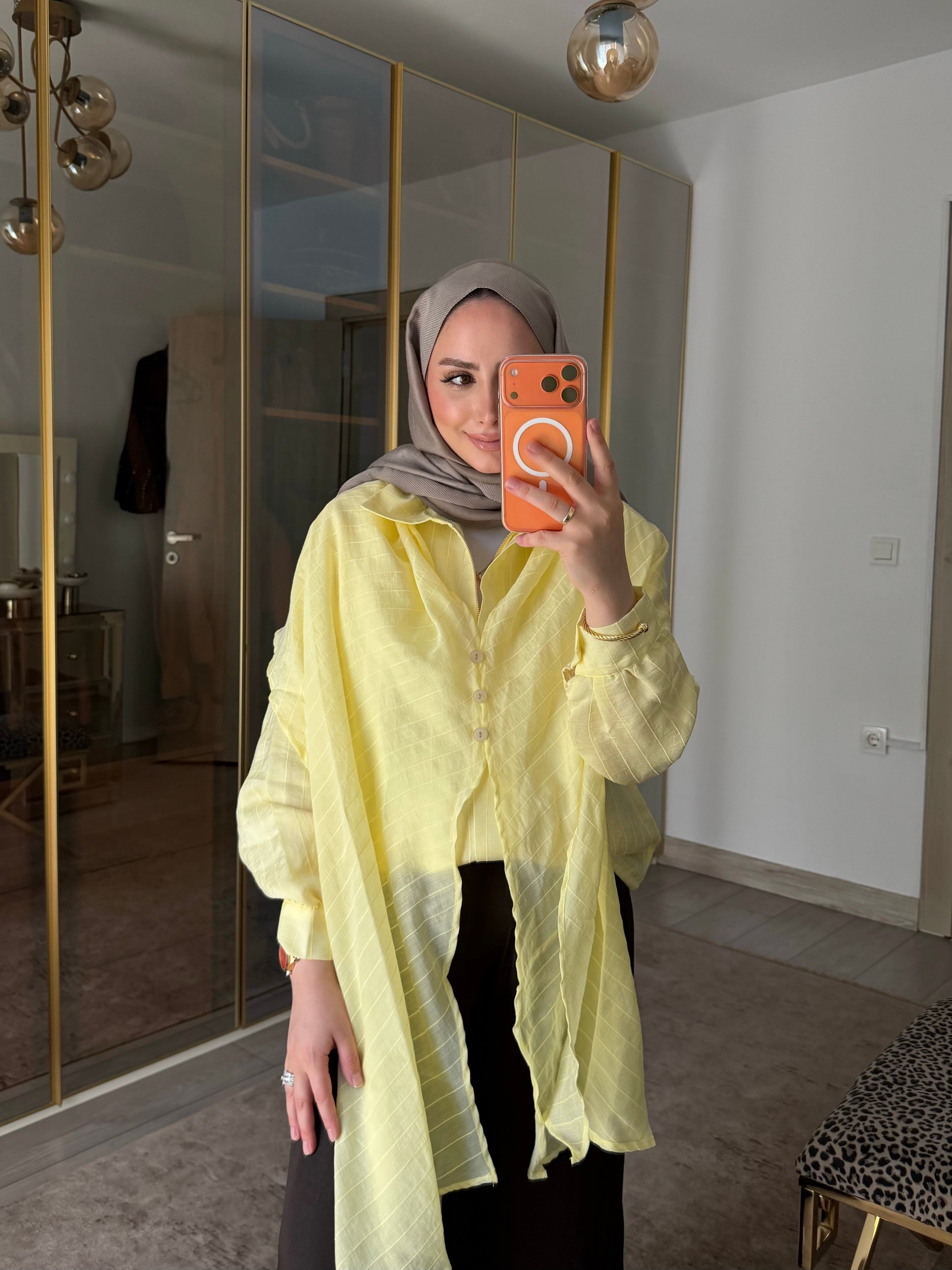 LONG OMUZ ŞALLI TASARIM CEKET SARI