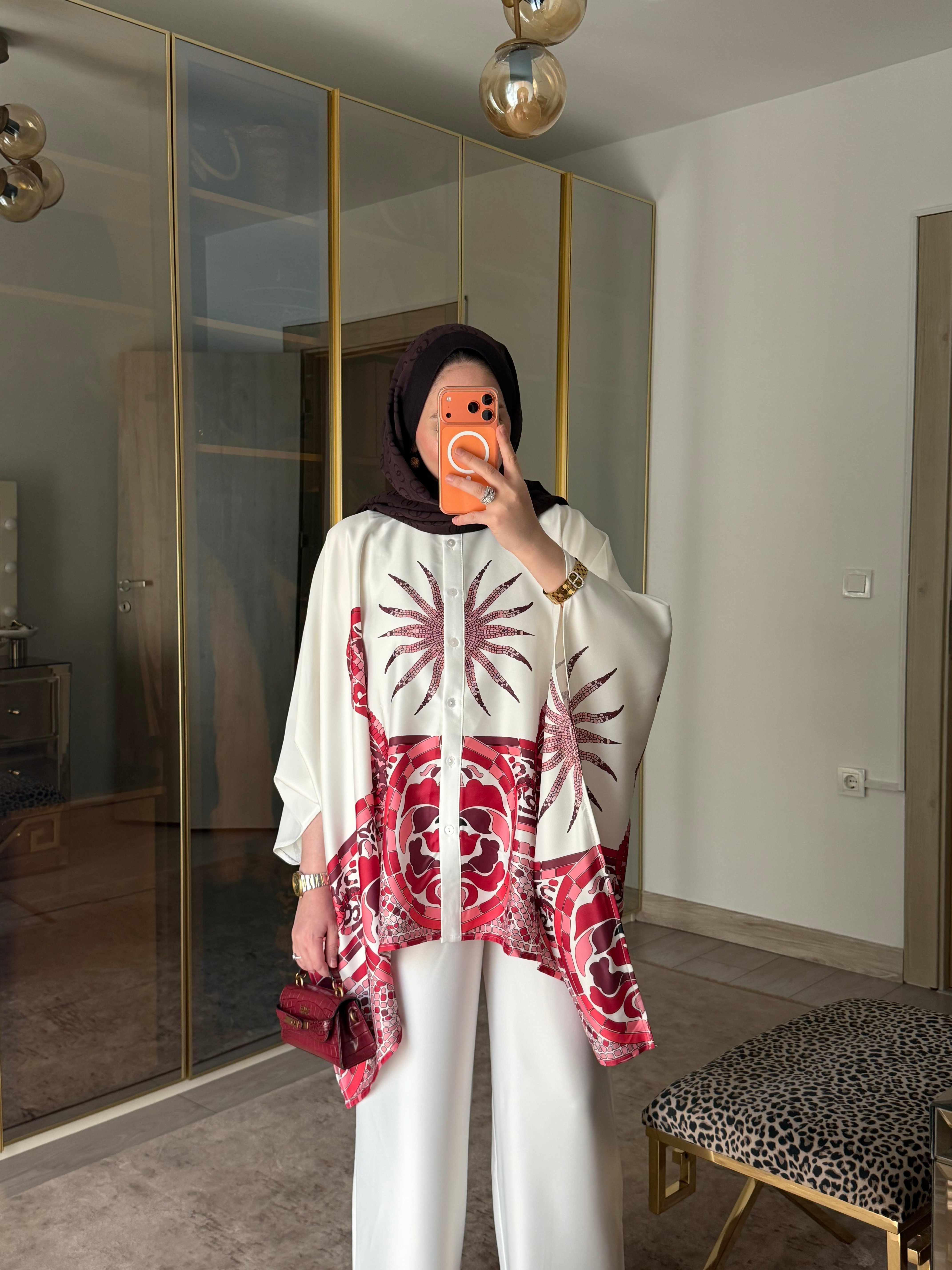 LUJA KAFTAN FORMLU BORDÜR DESENLİ SATEN TAKIM