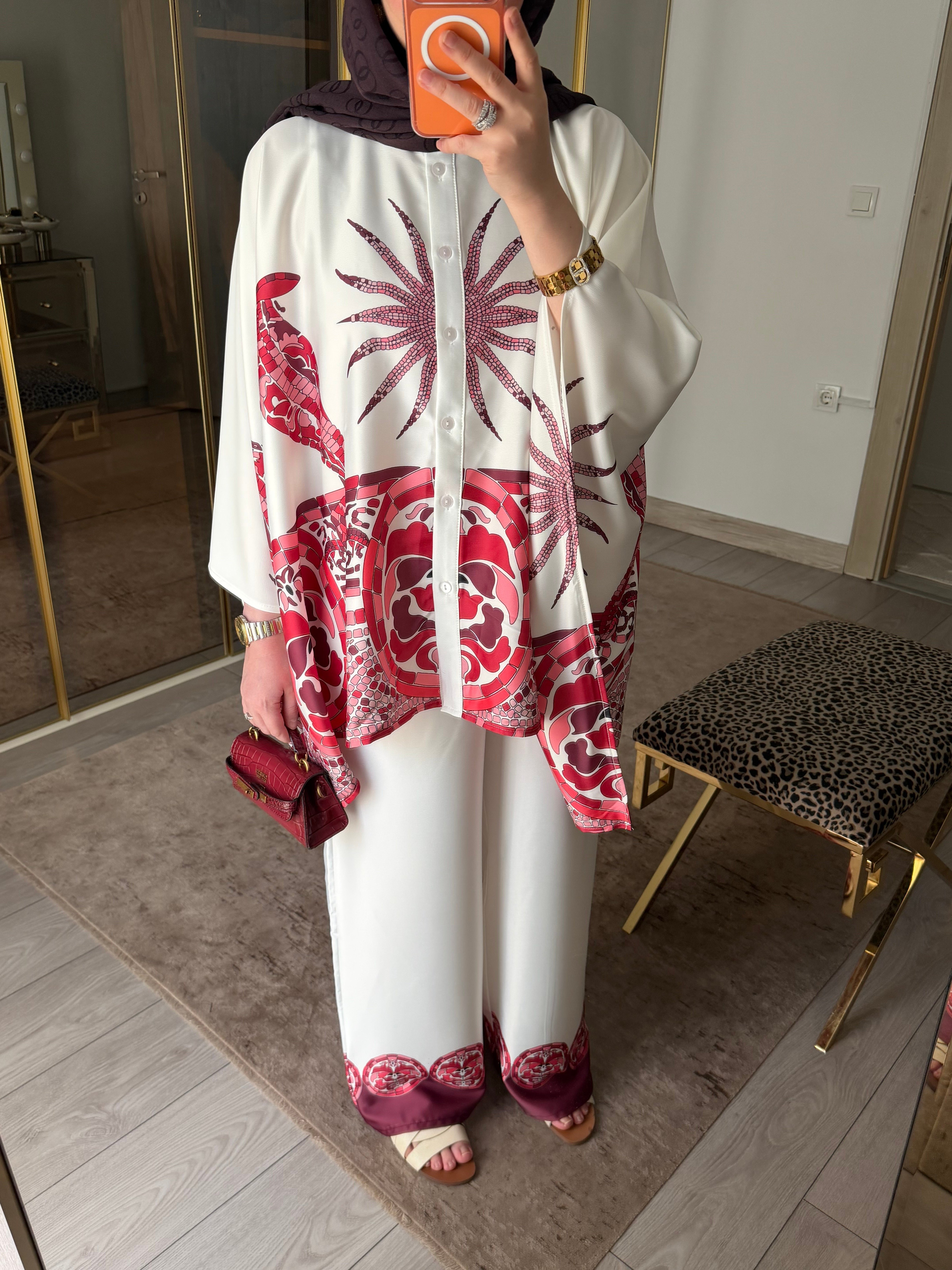 LUJA KAFTAN FORMLU BORDÜR DESENLİ SATEN TAKIM