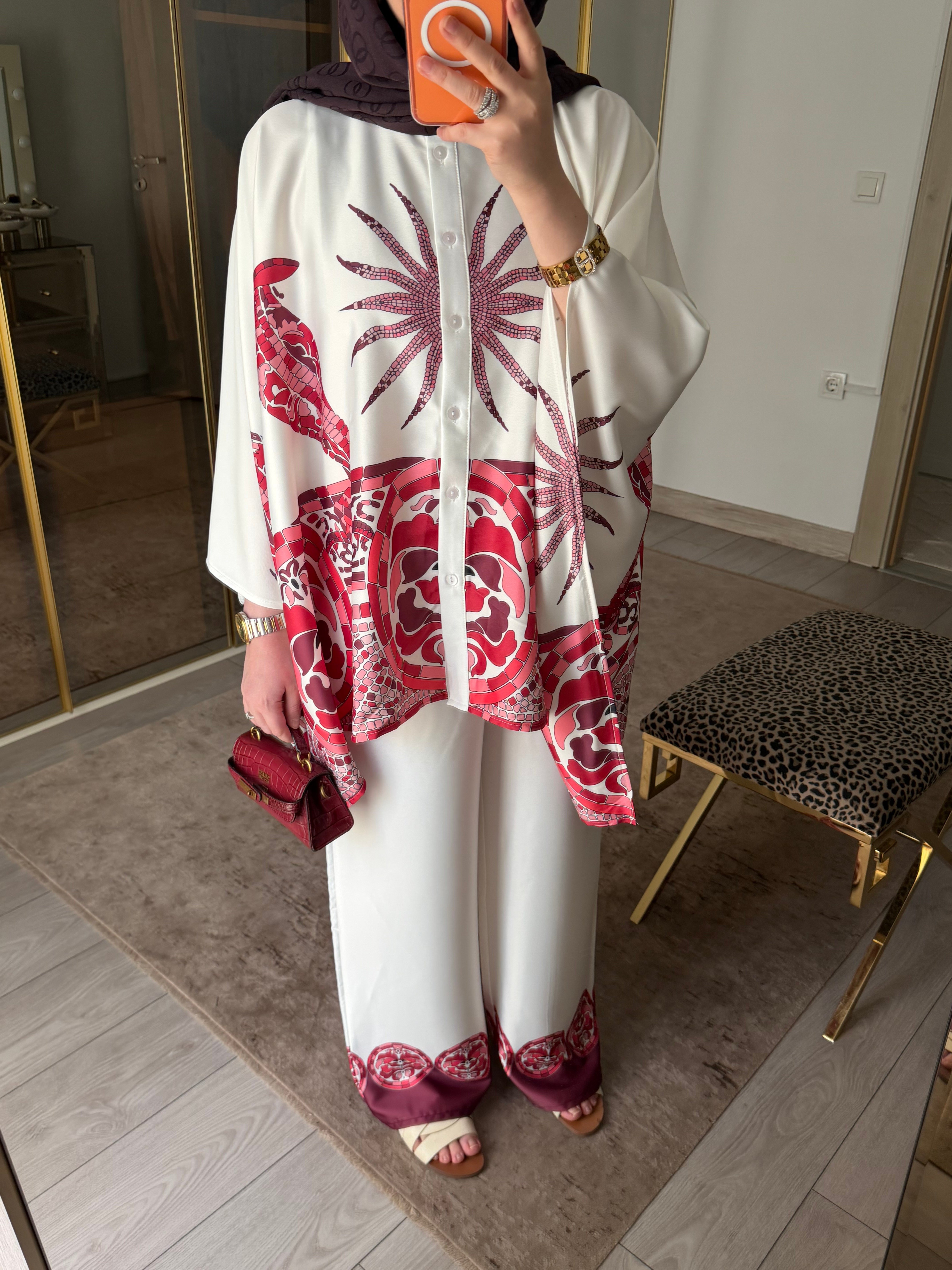 LUJA KAFTAN FORMLU BORDÜR DESENLİ SATEN TAKIM