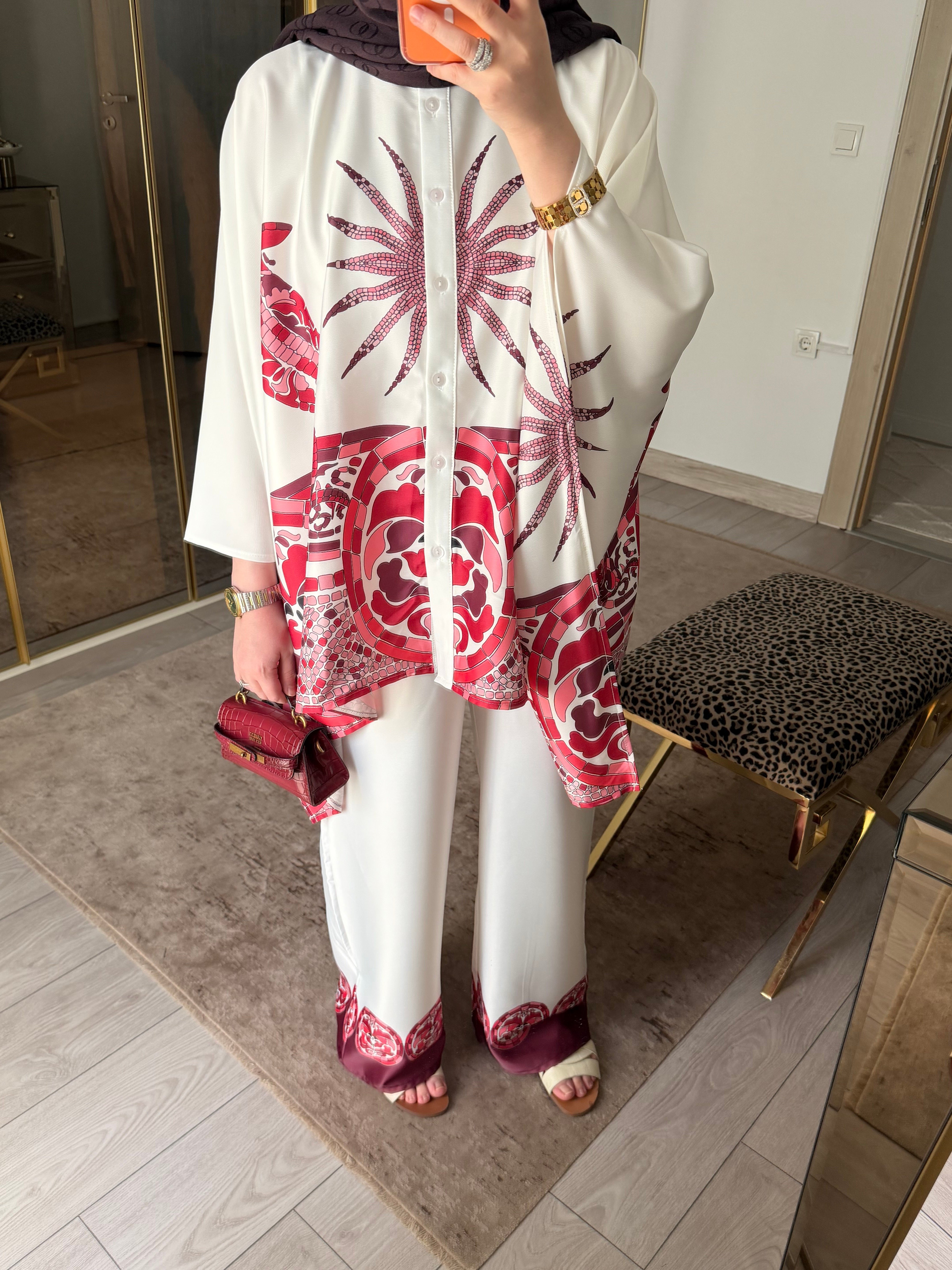 LUJA KAFTAN FORMLU BORDÜR DESENLİ SATEN TAKIM