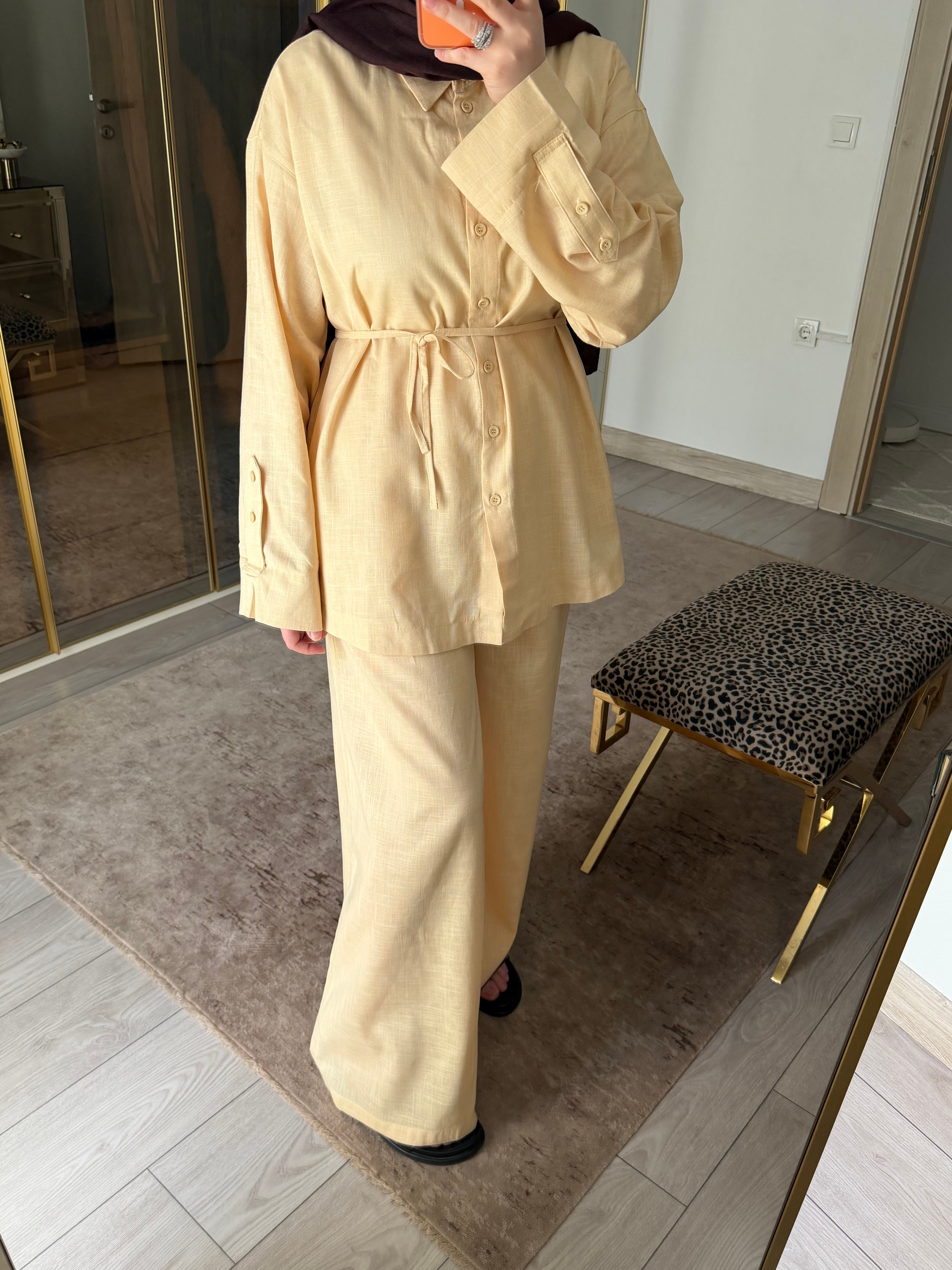 MANU %100 KETEN İKİLİ TAKIM SOFT SARI 