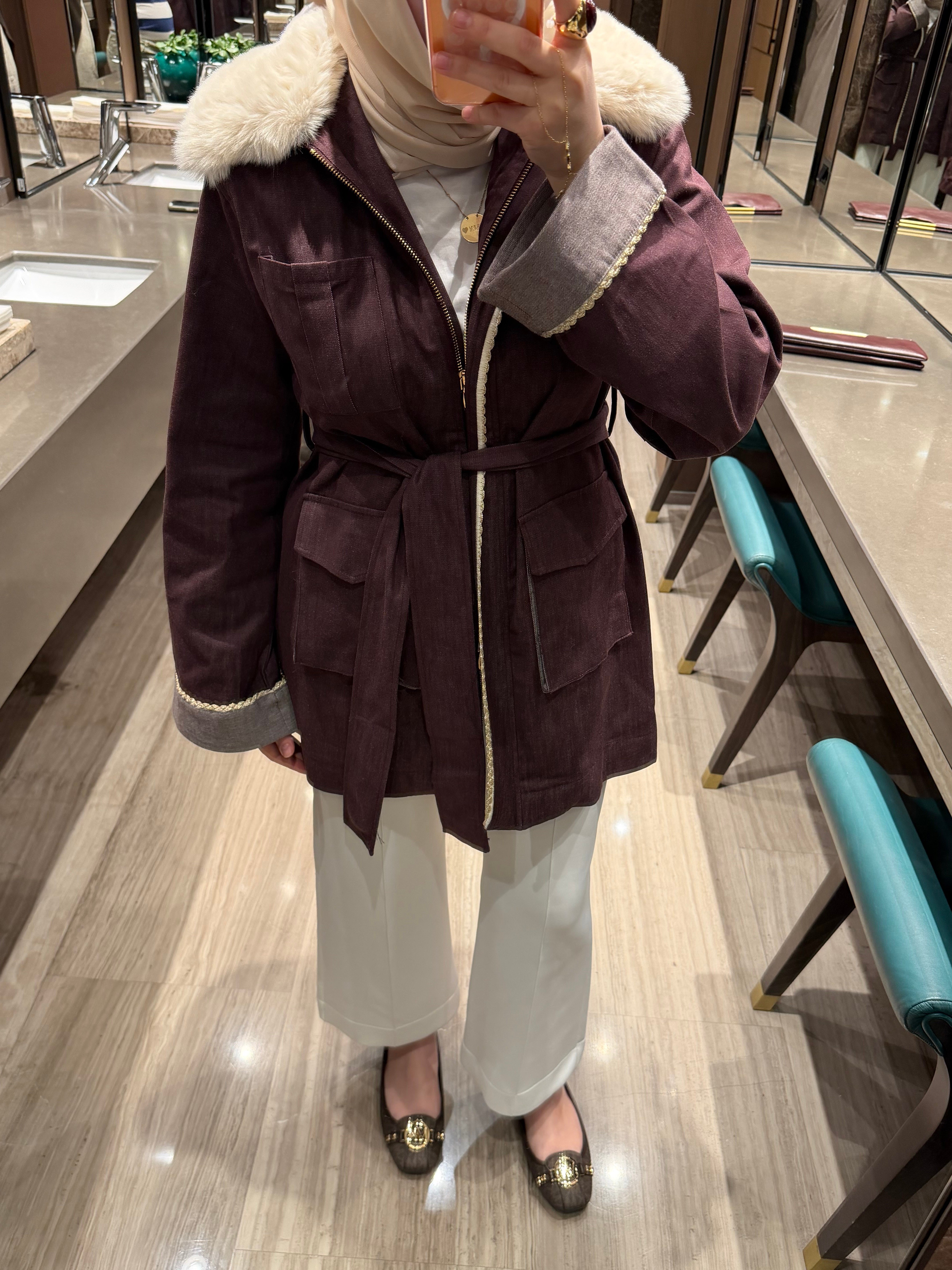 MARI YAKASI KÜRKLÜ DENİM CEKET BORDO 