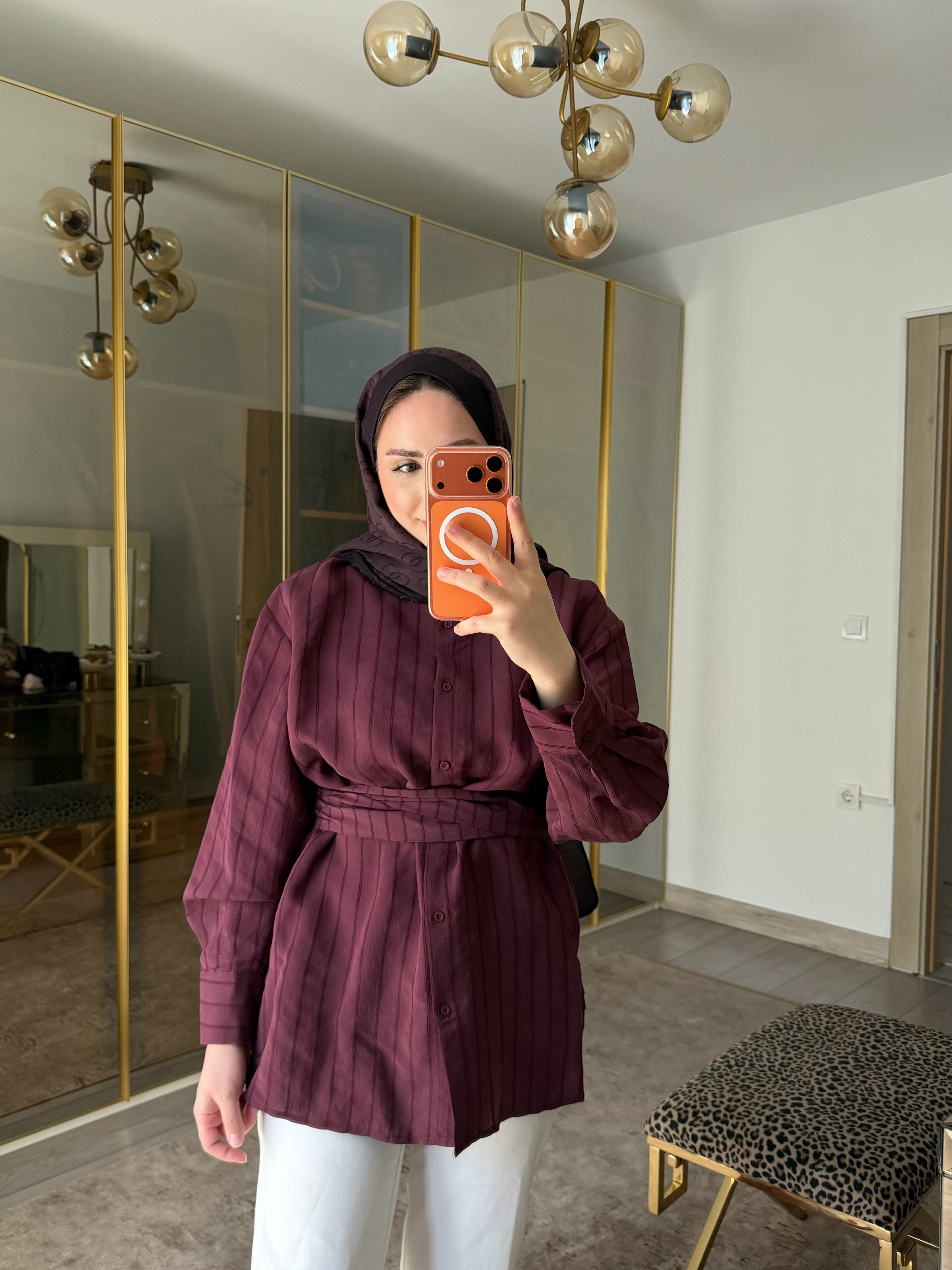 NOUN KUŞAKLI TENSEL GÖMLEK BORDO