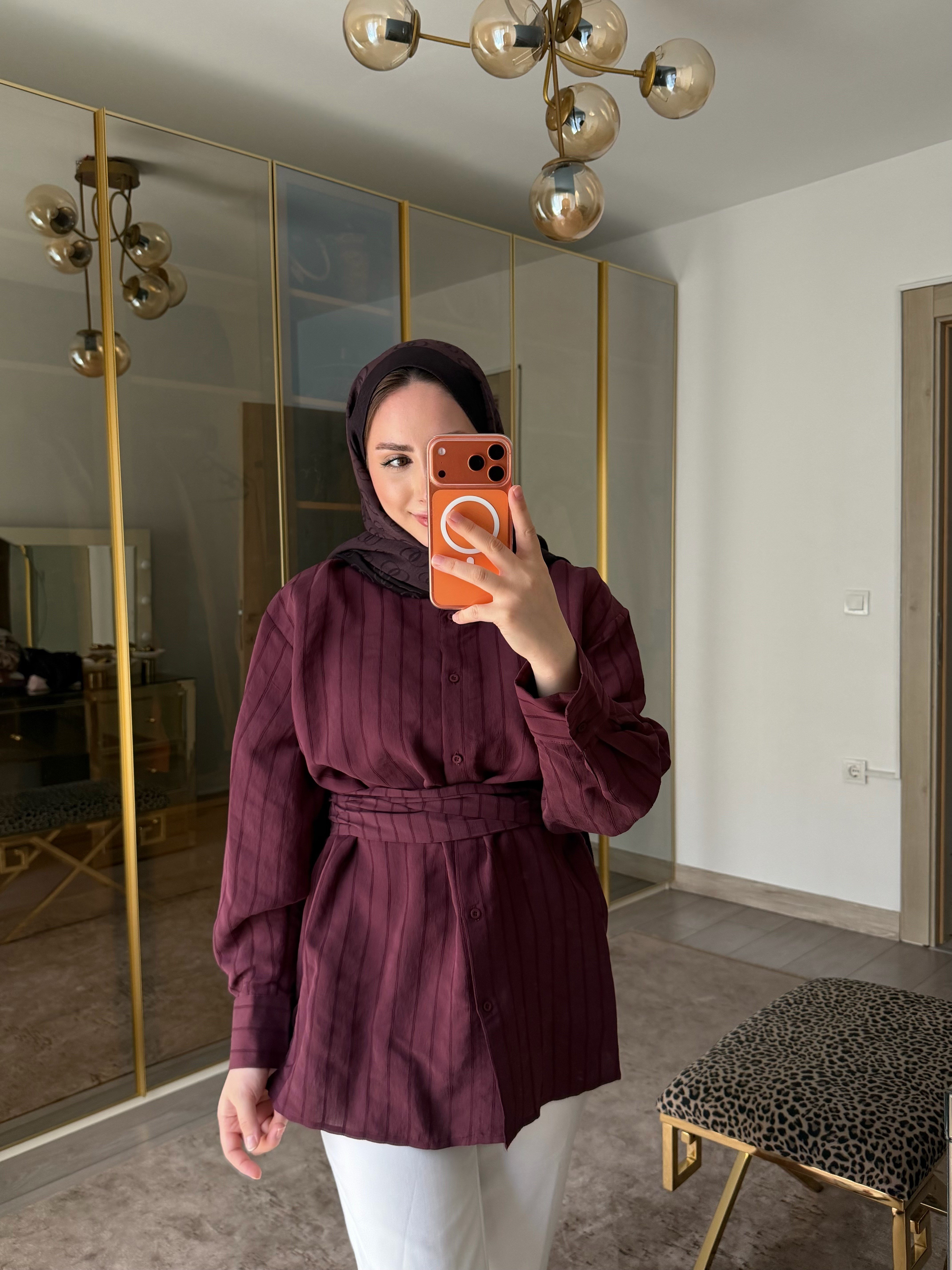 NOUN KUŞAKLI TENSEL GÖMLEK BORDO