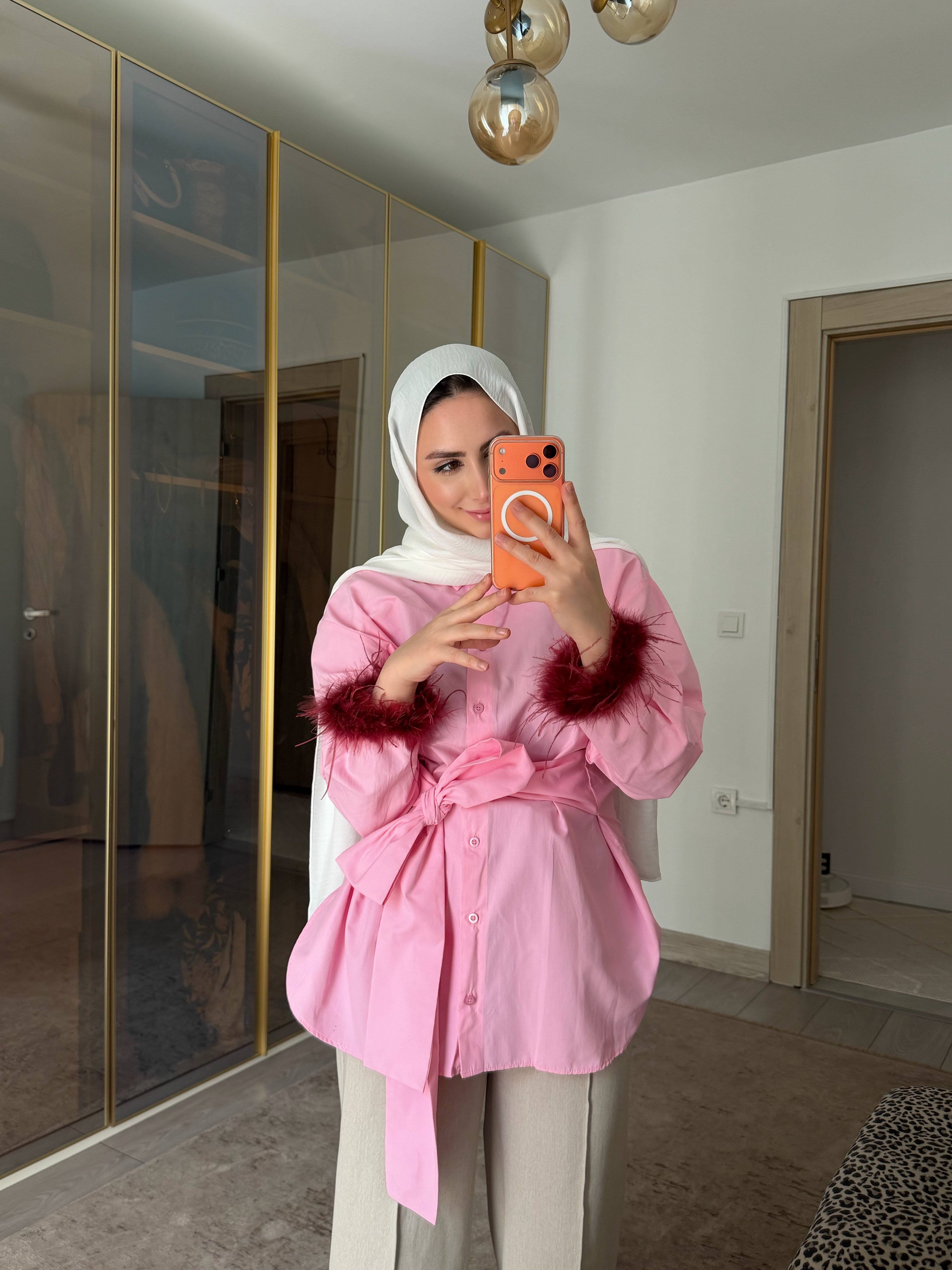 OTRİŞLİ POPLİN GÖMLEK PEMBE