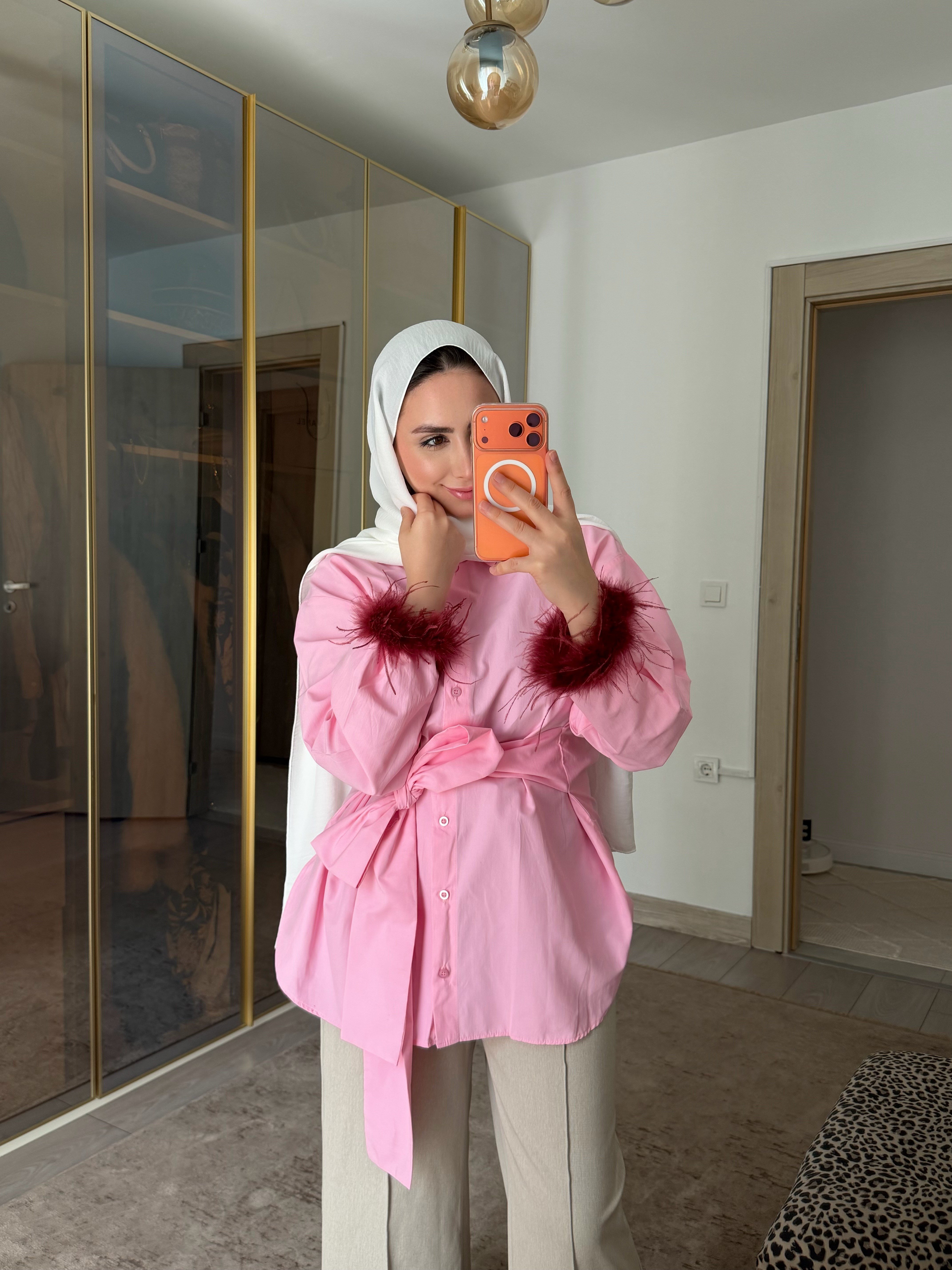OTRİŞLİ POPLİN GÖMLEK PEMBE