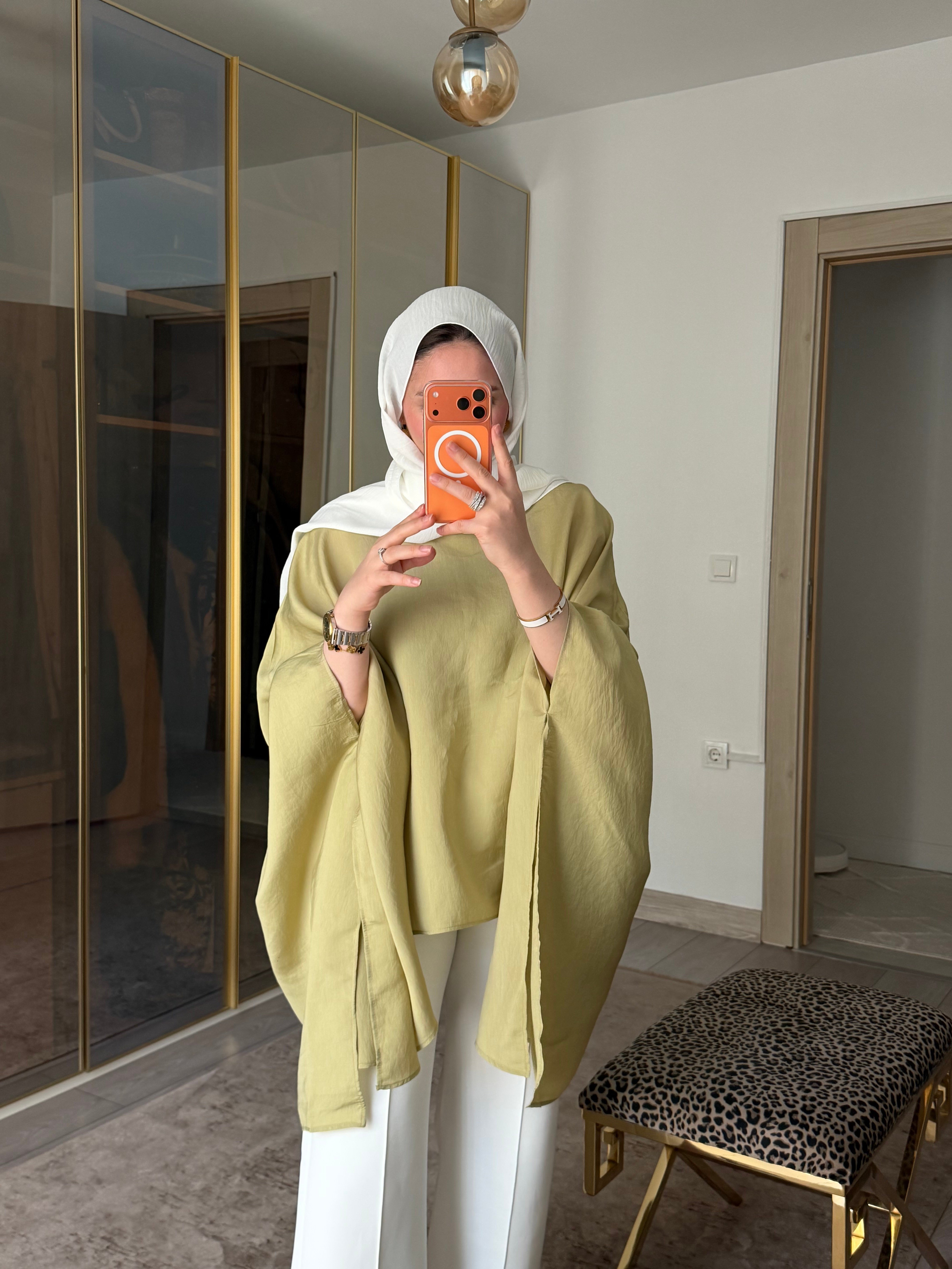 Pelerin İpeksi Dokulu Krep Bluz Yağ Yeşili 