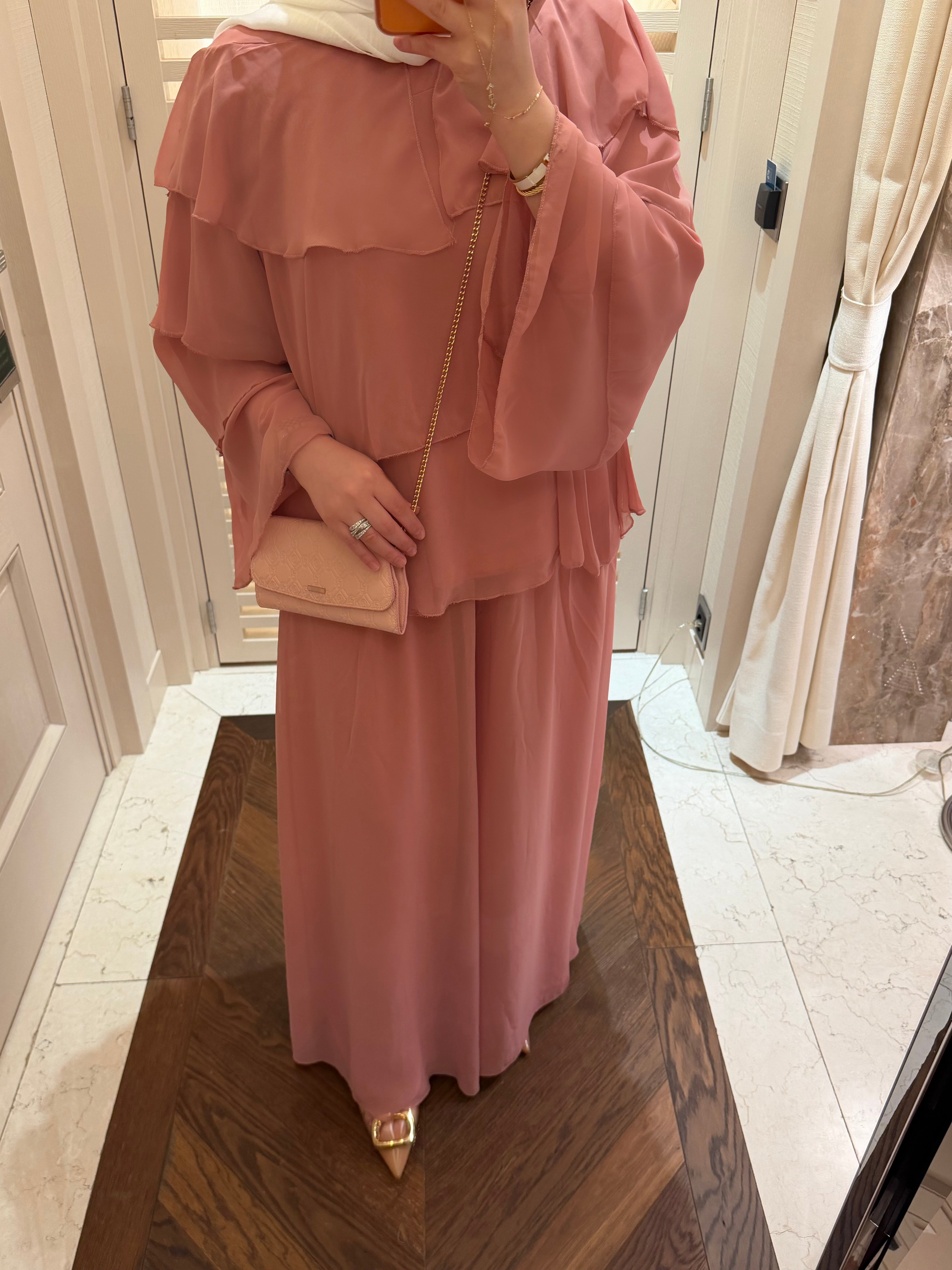 RENA VOLANLI PREMİUM ŞİFON TAKIM SOFT PEMBE