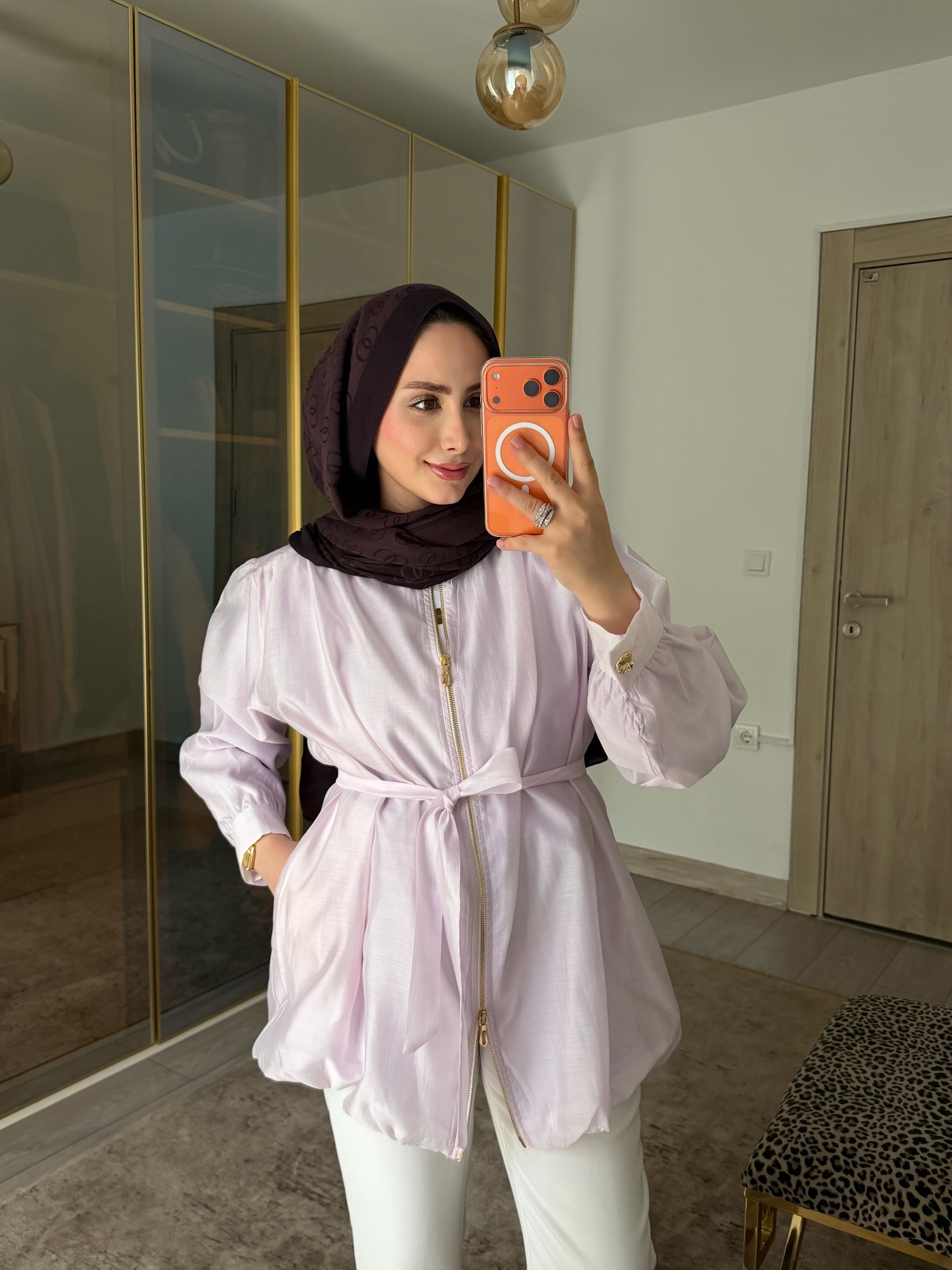 SARE ÇİFT FERMUARLI BOMBER CEKET LİLA 