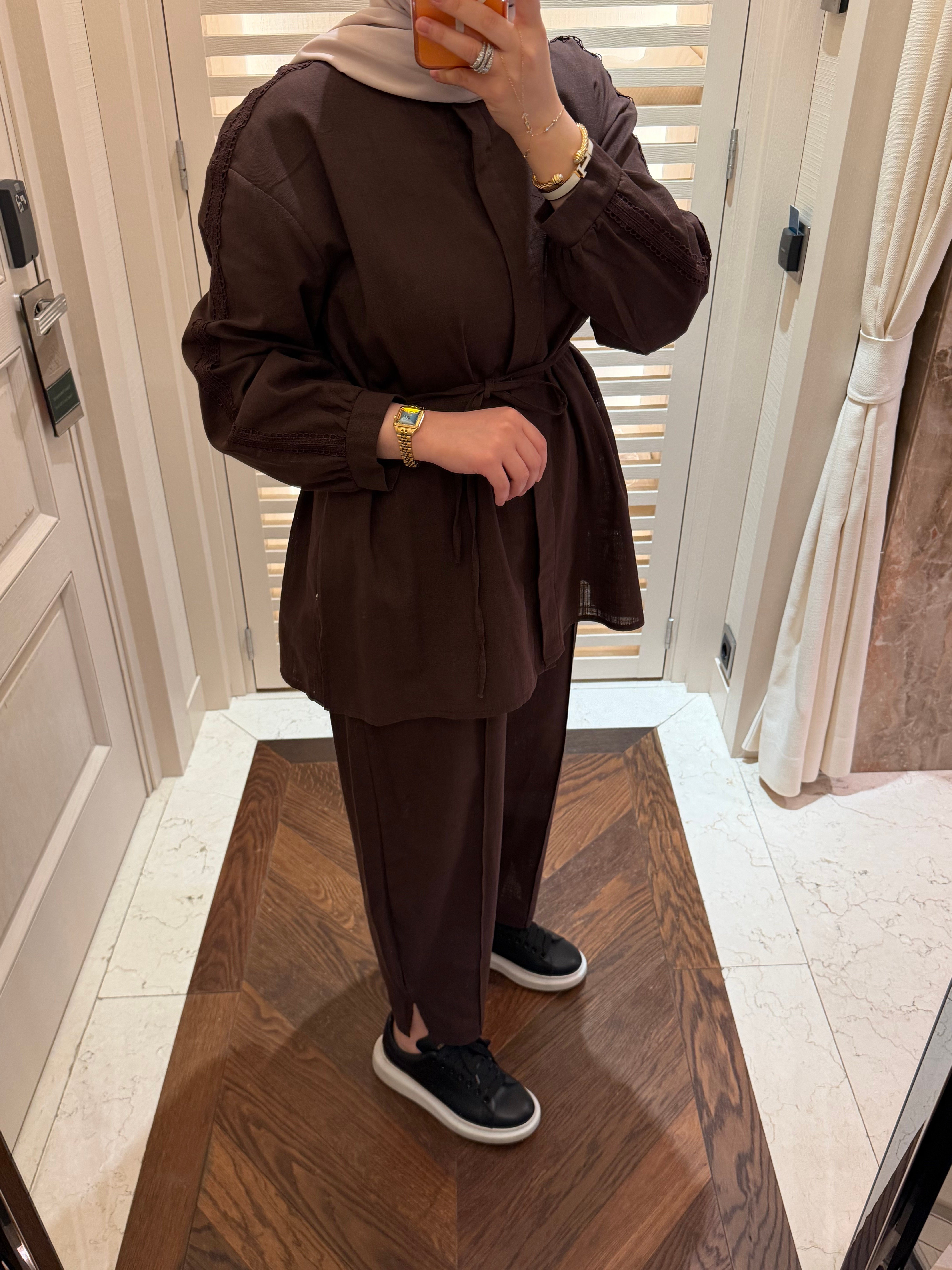 SAYE KOL GÜPÜR DETAYLI HAM KETEN TAKIM KAHVERENGİ