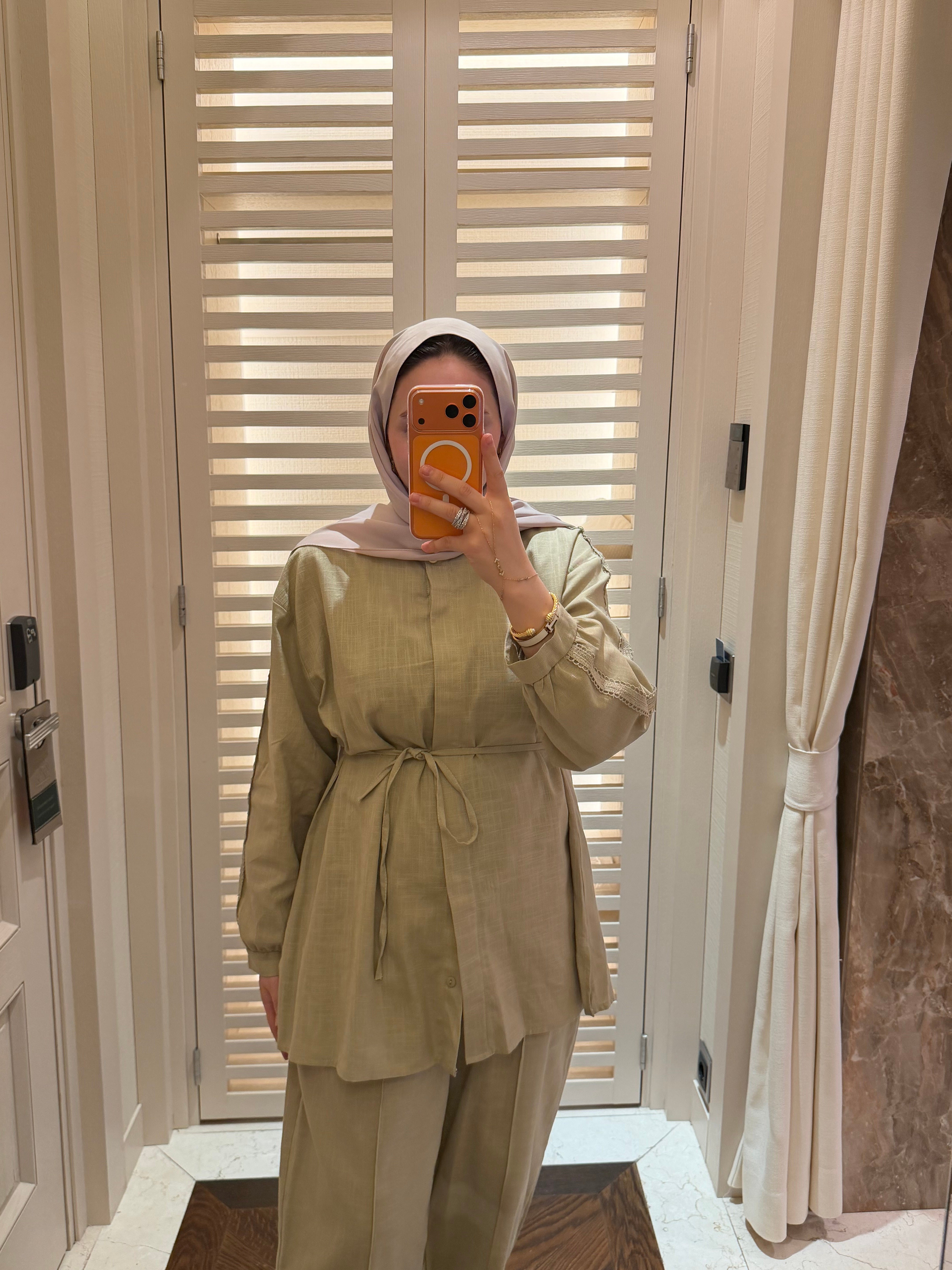 SAYE KOL GÜPÜR DETAYLI HAM KETEN TAKIM CAĞLA