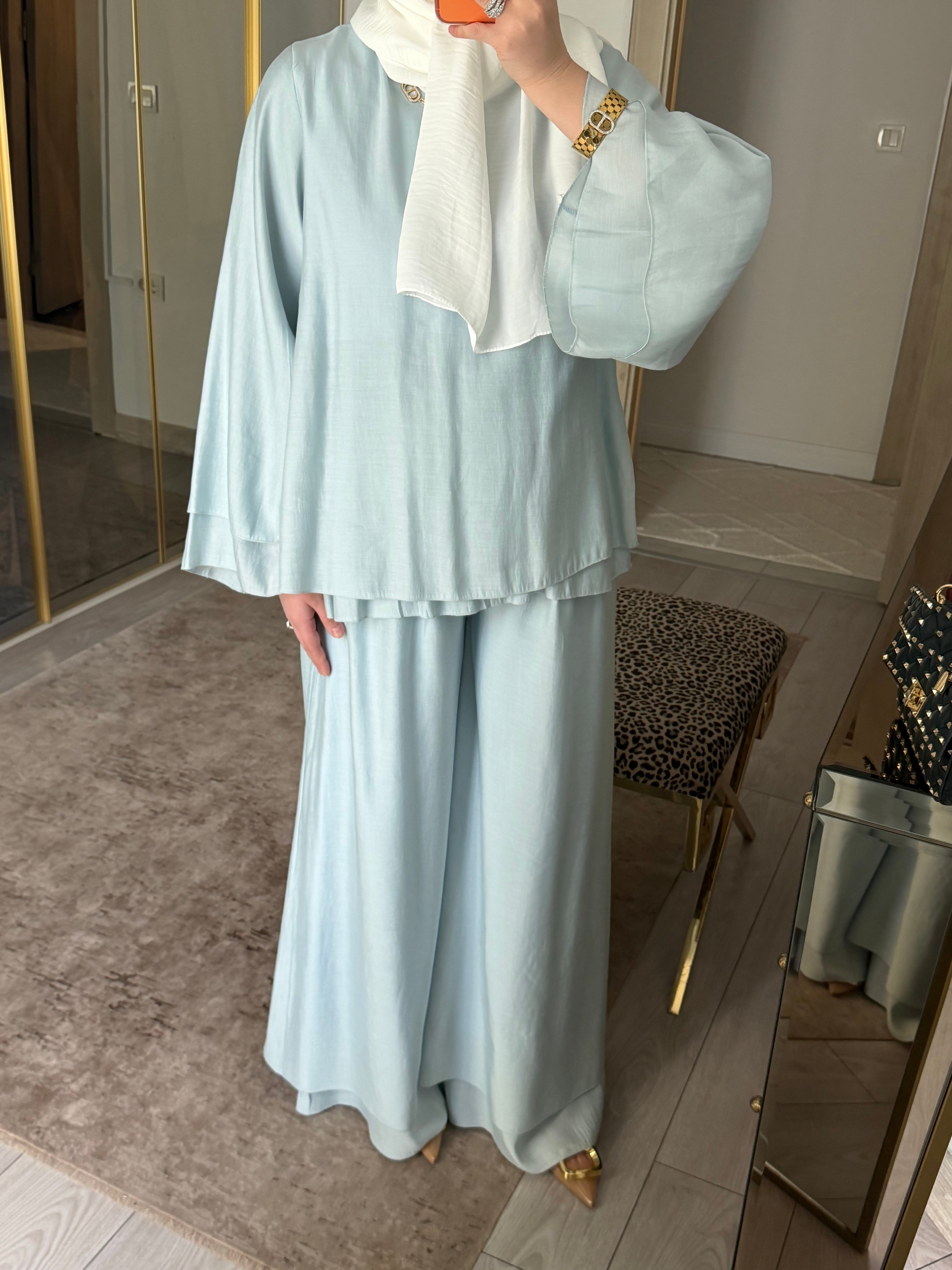 SOFT KATMANLI KOL&PAÇA DETAYLI ŞIK TAKIM BEBE MAVİ