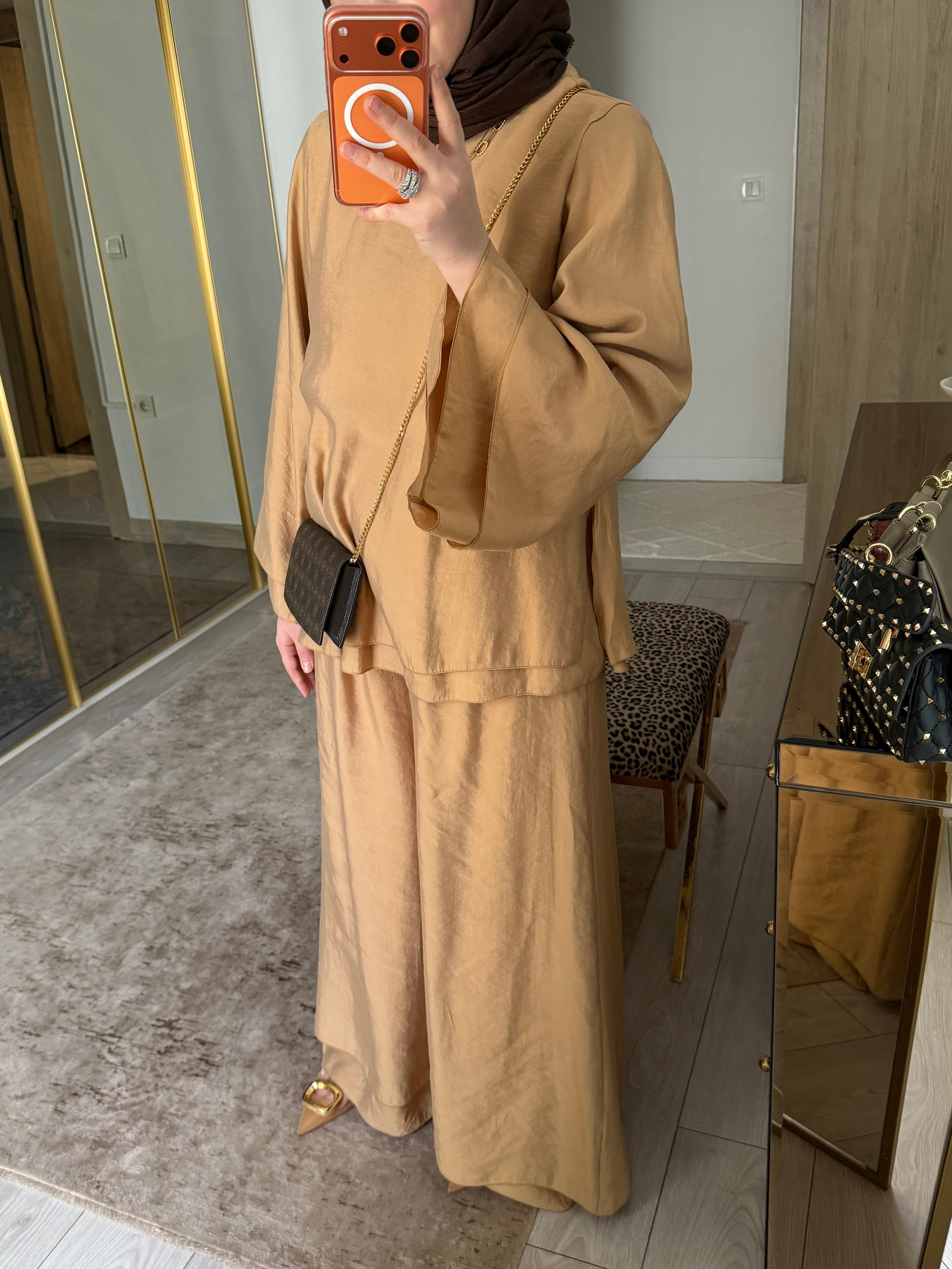 SOFT KATMANLI KOL&PAÇA DETAYLI ŞIK TAKIM CAMEL