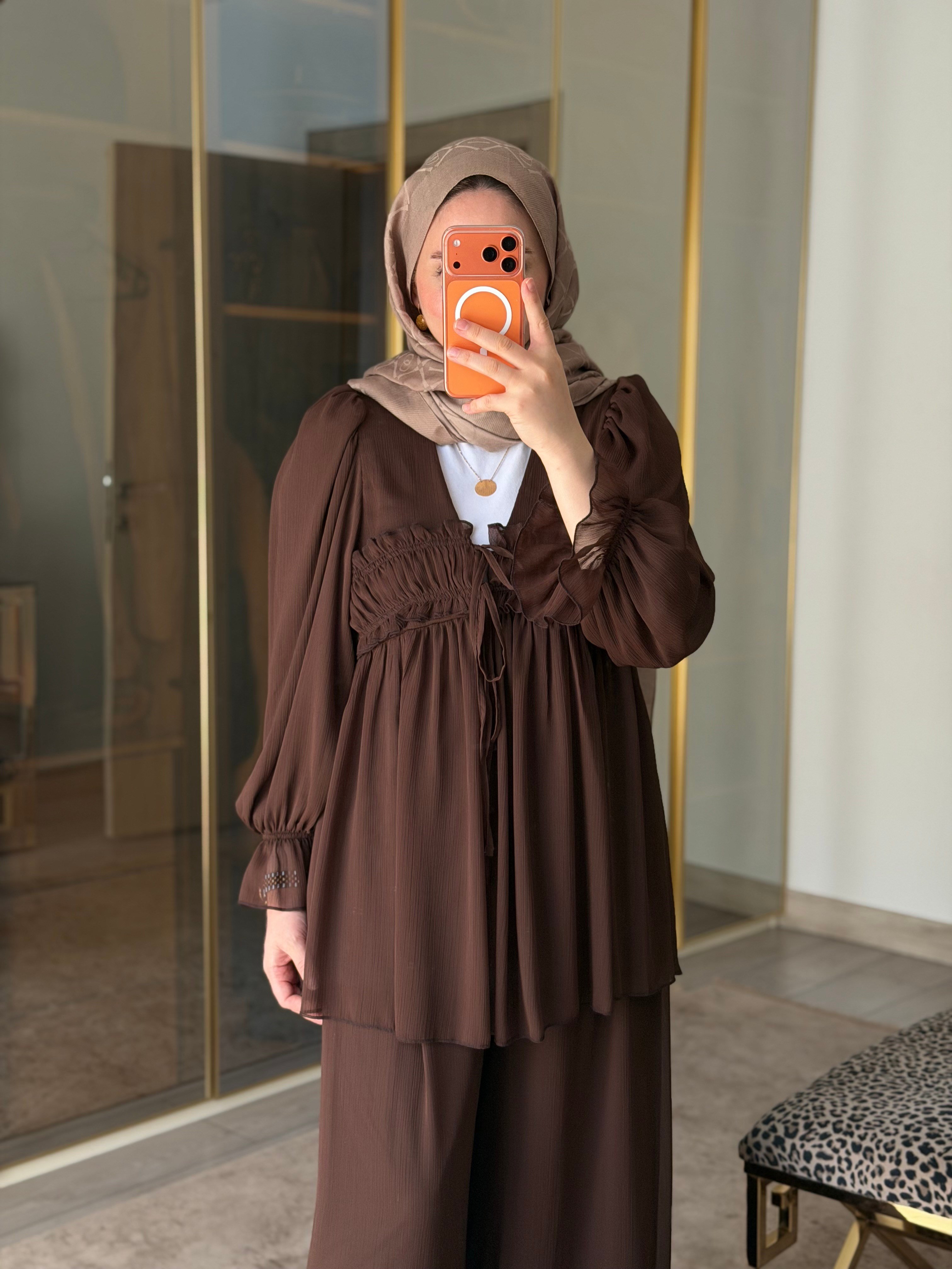 VESNA ŞİFON İKİLİ TAKIM KAHVERENGİ 