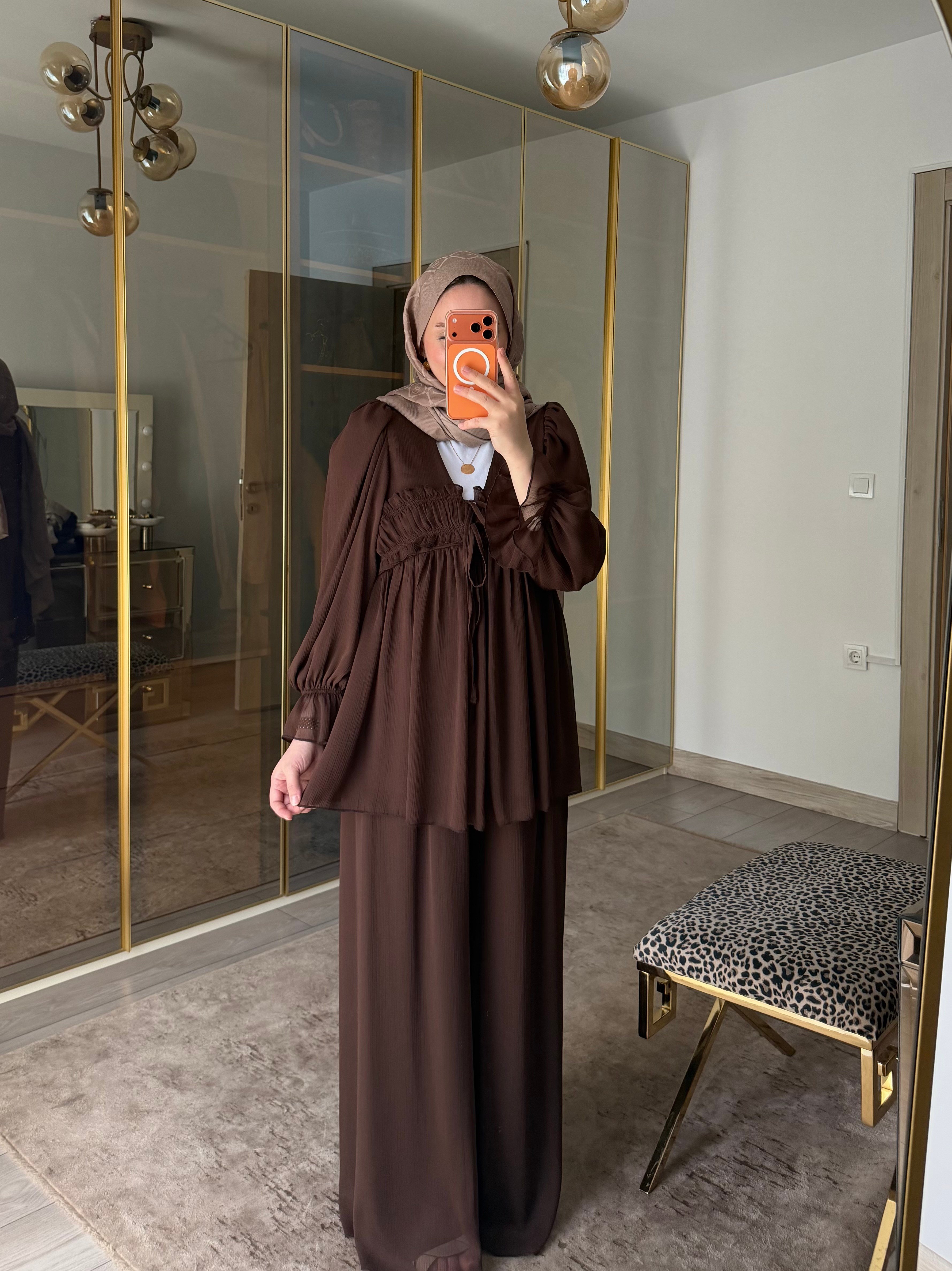 VESNA ŞİFON İKİLİ TAKIM KAHVERENGİ 