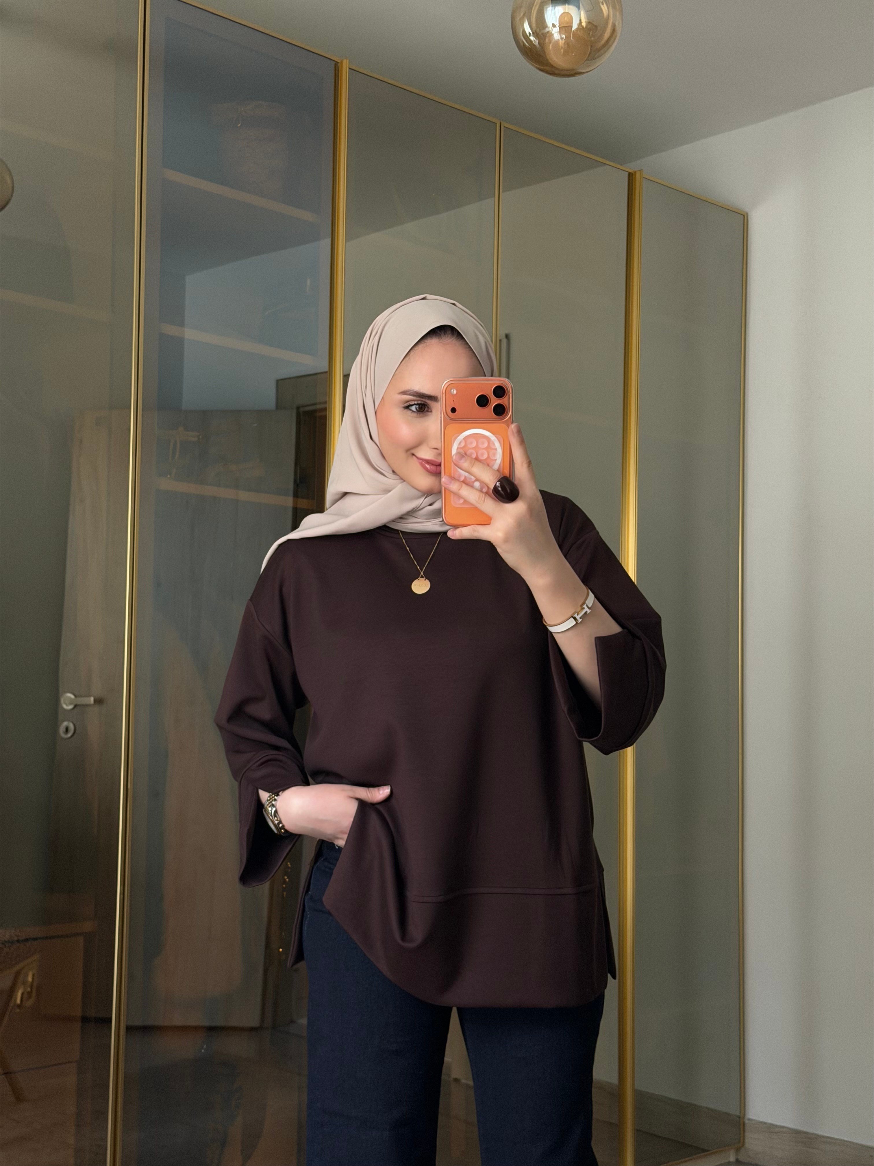 YANI YIRTMAÇLI UZUN KOLLU SWEAT KAHVE