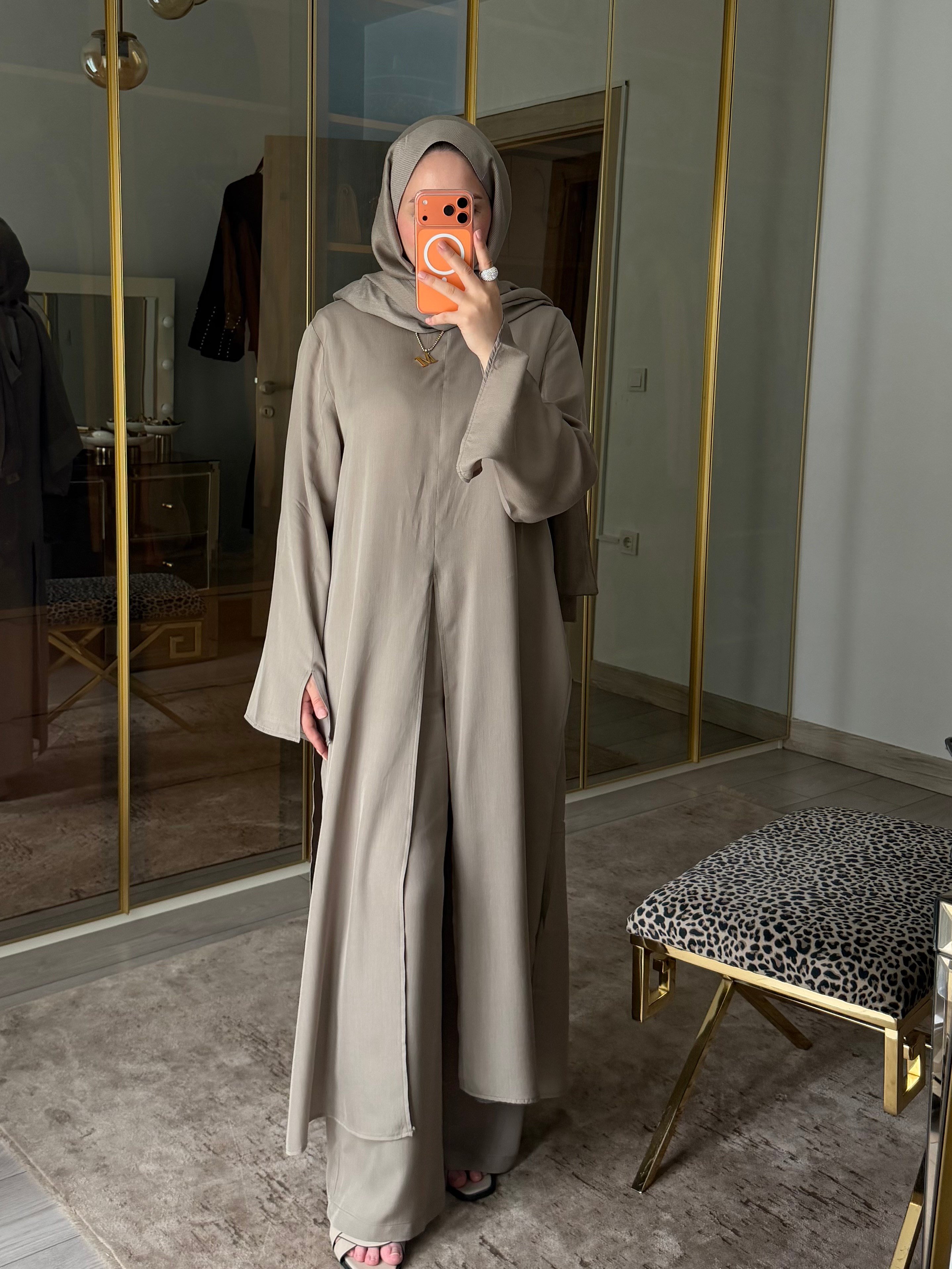 YIRTMAÇLI ARABİC PANTOLONLU TAKIM VİZON