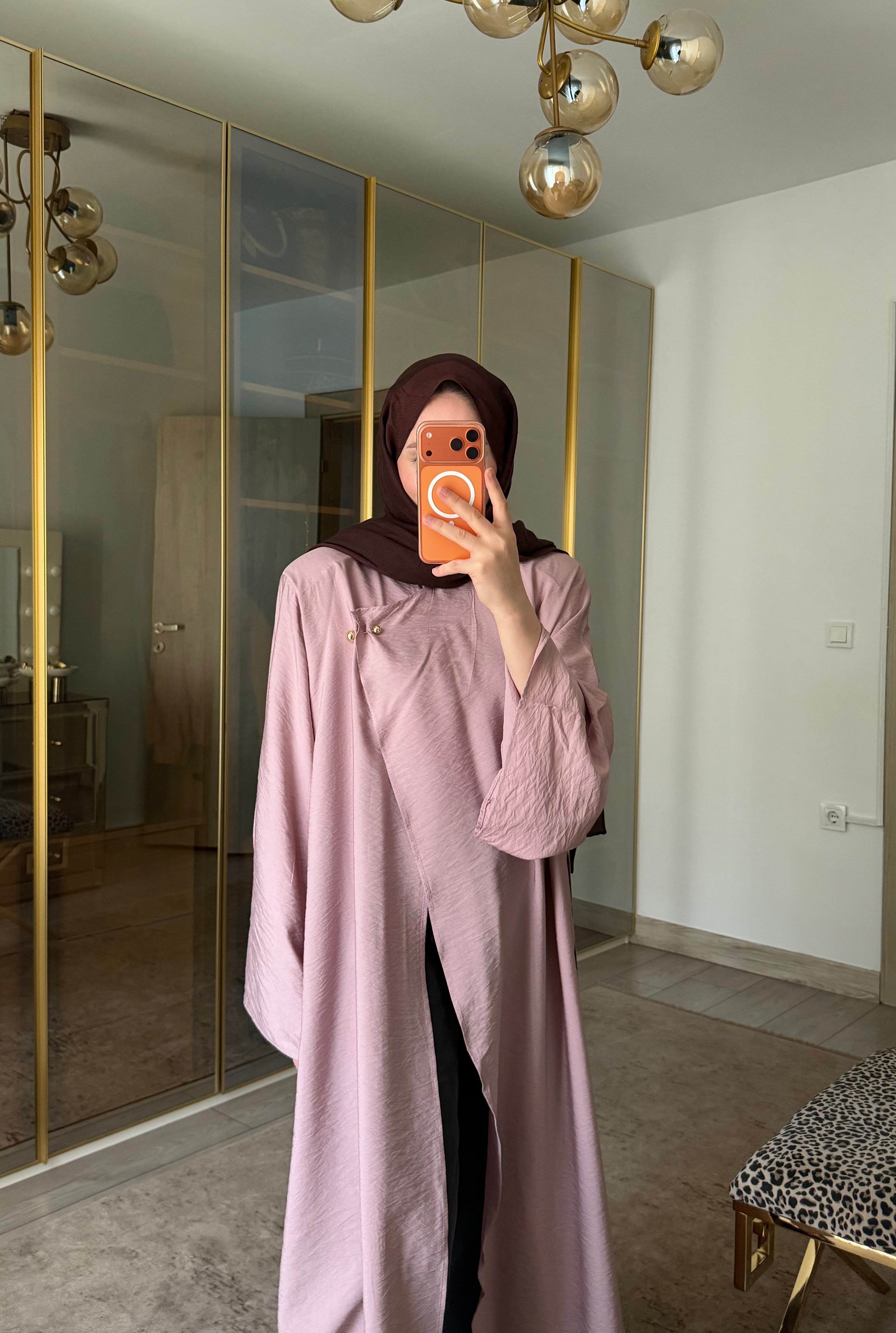 YIRTMALI BROŞ DETAYLI UZUN TUNİK GÜL KURUSU