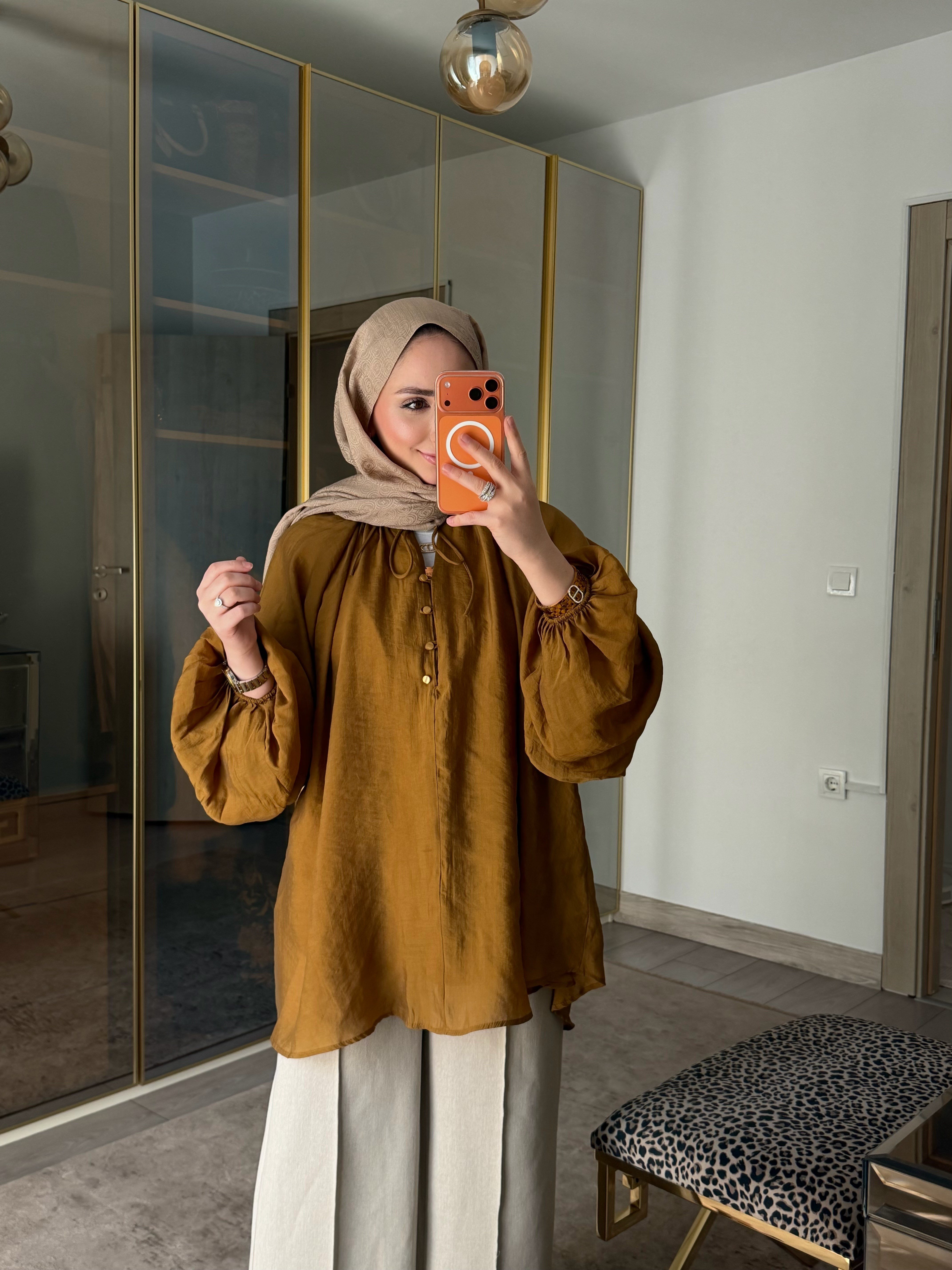 ZANA BALON KOL VUAL ŞIK TUNİK HARDAL