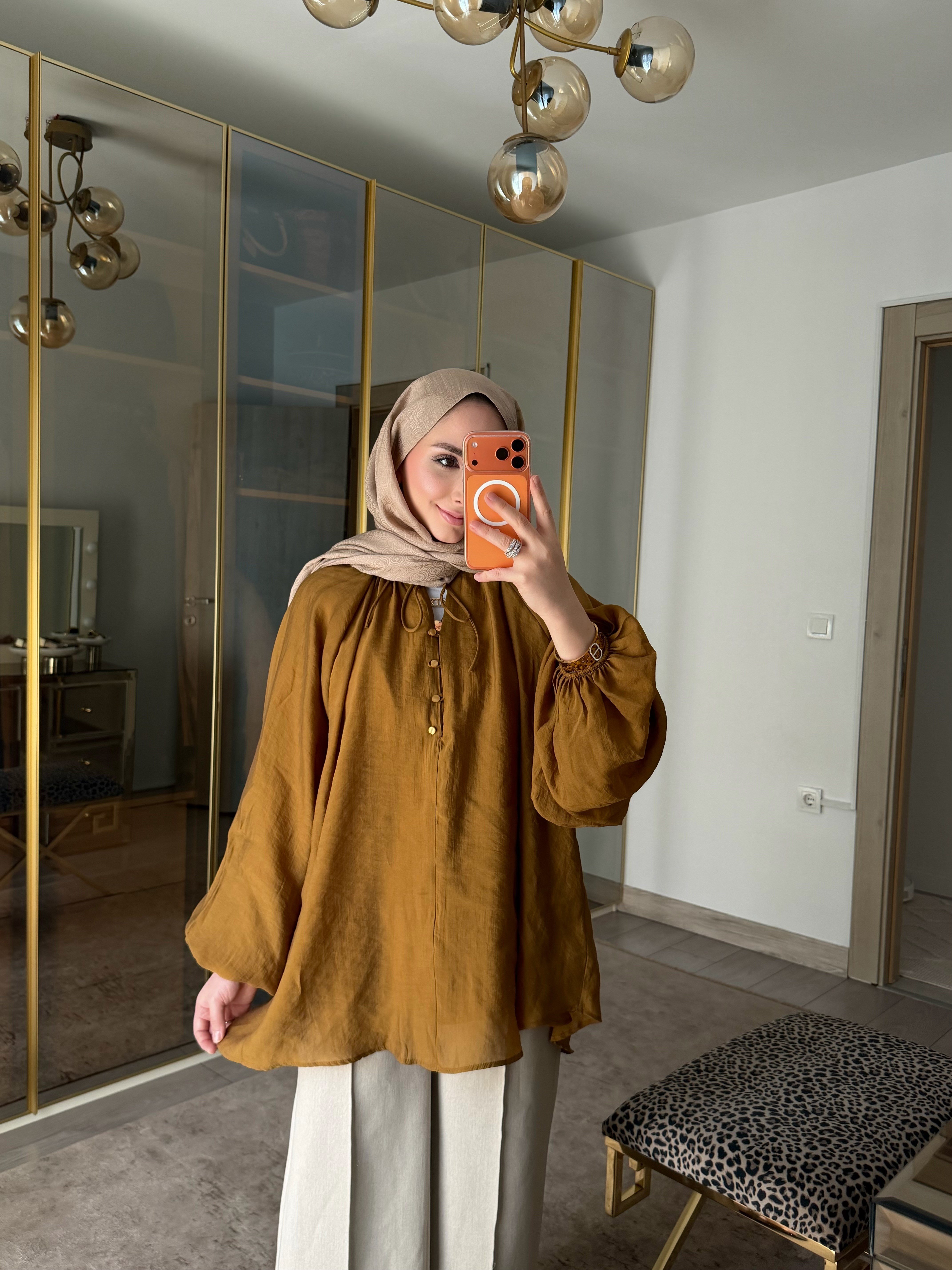 ZANA BALON KOL VUAL ŞIK TUNİK HARDAL