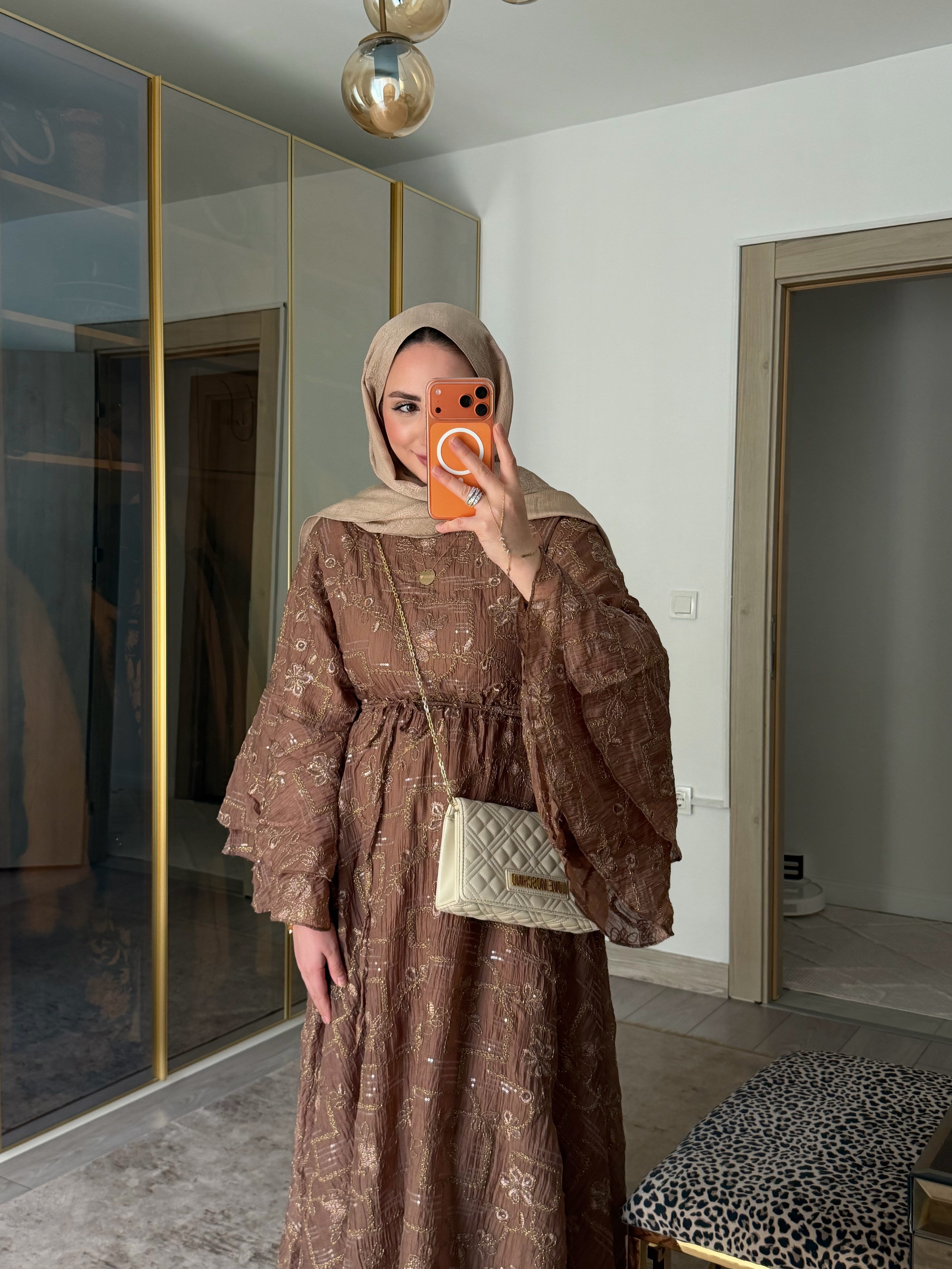 ZERDA TASARIM BRODE ELBİSE KAHVE