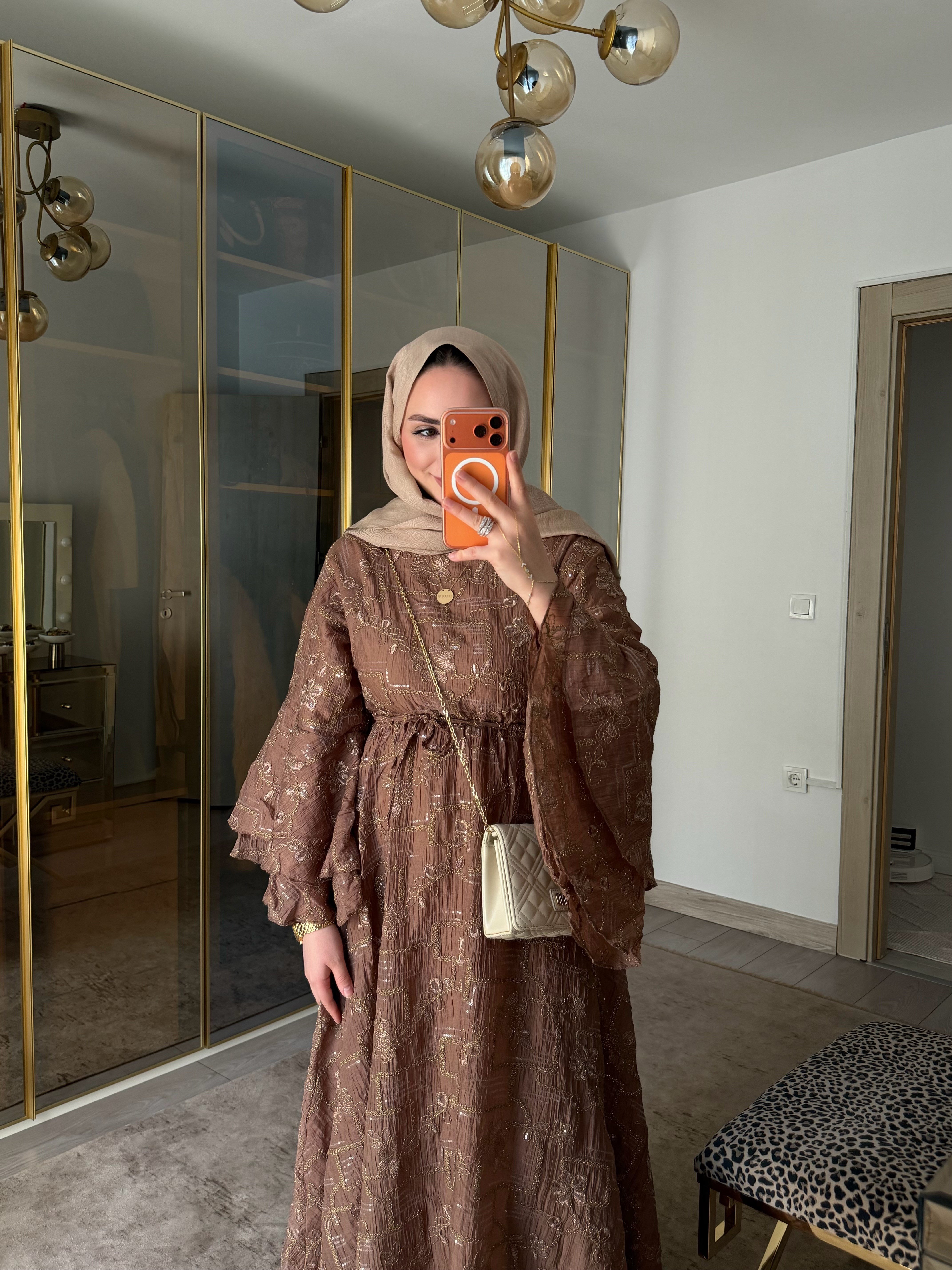 ZERDA TASARIM BRODE ELBİSE KAHVE