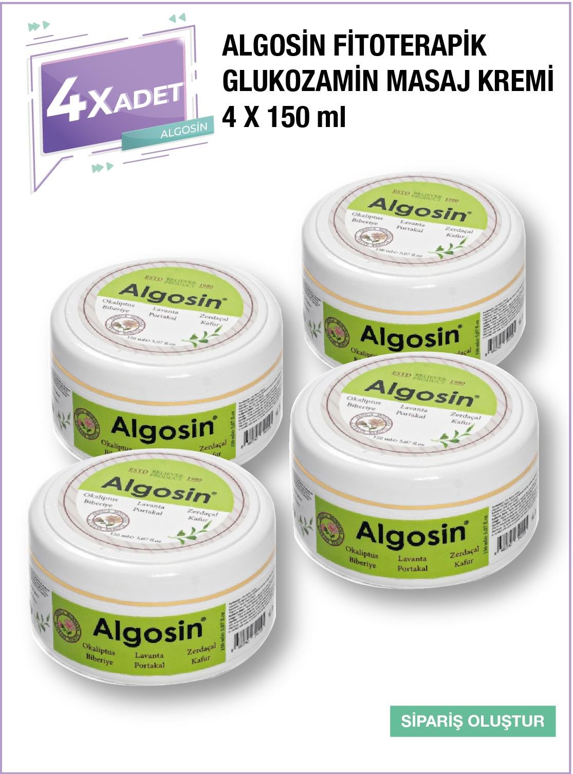 4 Adet Algosin Fitoterapik Glukozamin ve Aromatik Bitkisel Yağlar İçeren Masaj Kremi
